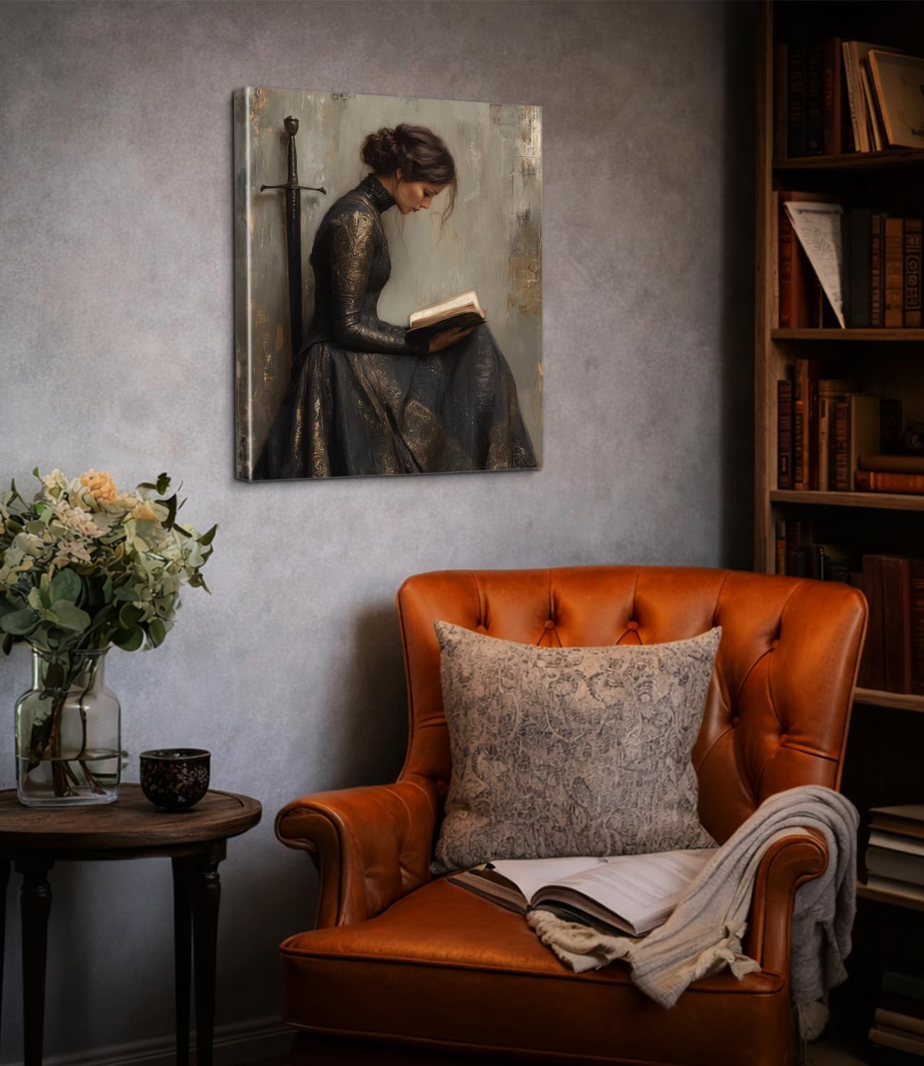 Victorian Woman Reading Wall Art Print - Vintage Dark Academia Canvas Poster Painting - Moody Wall Decor for Home Reading Nook Library 8x10 Inch Framed