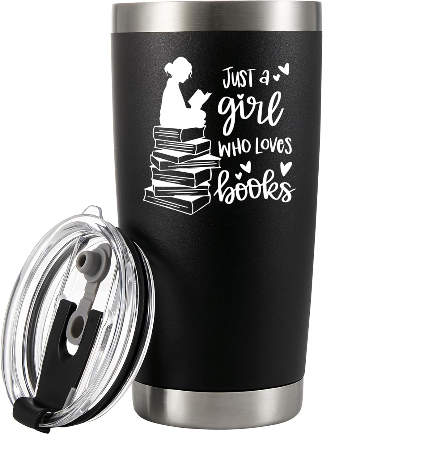 Panvola Just A Girl Who Loves Books Book Lover Gift For Woman Vacuum Insulated Stainless Steel Tumbler Reader Librarian Mug Bookworm Bibliophile Travel Mugs with Straw and Removable Lid 20 oz Black