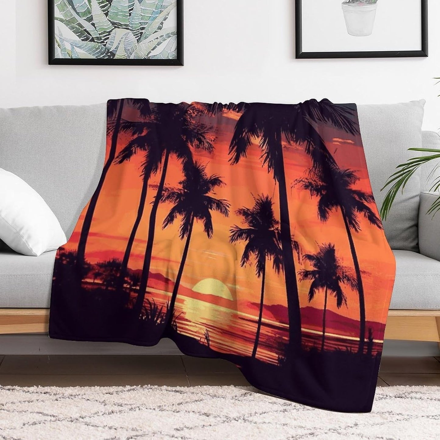 Palm Tree Summer Sunset Blanket Super Soft Lightweight Throw Blanket Cute Cozy Warm Bed Blanket Decorative Fuzzy Blanket All-Season Home Decor Gift for Sofa Couch Living Room 50"*60"（130 * 150cm）