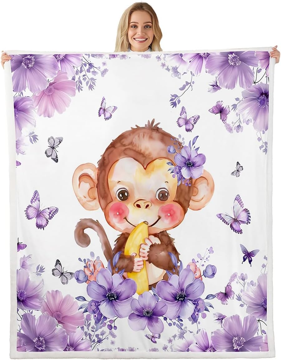 Erosebridal Monkey Throw Blanket Twin 60x80 Inch for Bedroom Living Room Sofa Couch,Cartoon Zoo Animal Fleece Blanket,Flying Butterflies Sherpa Blankets,Purple Flower Fuzzy Blankets