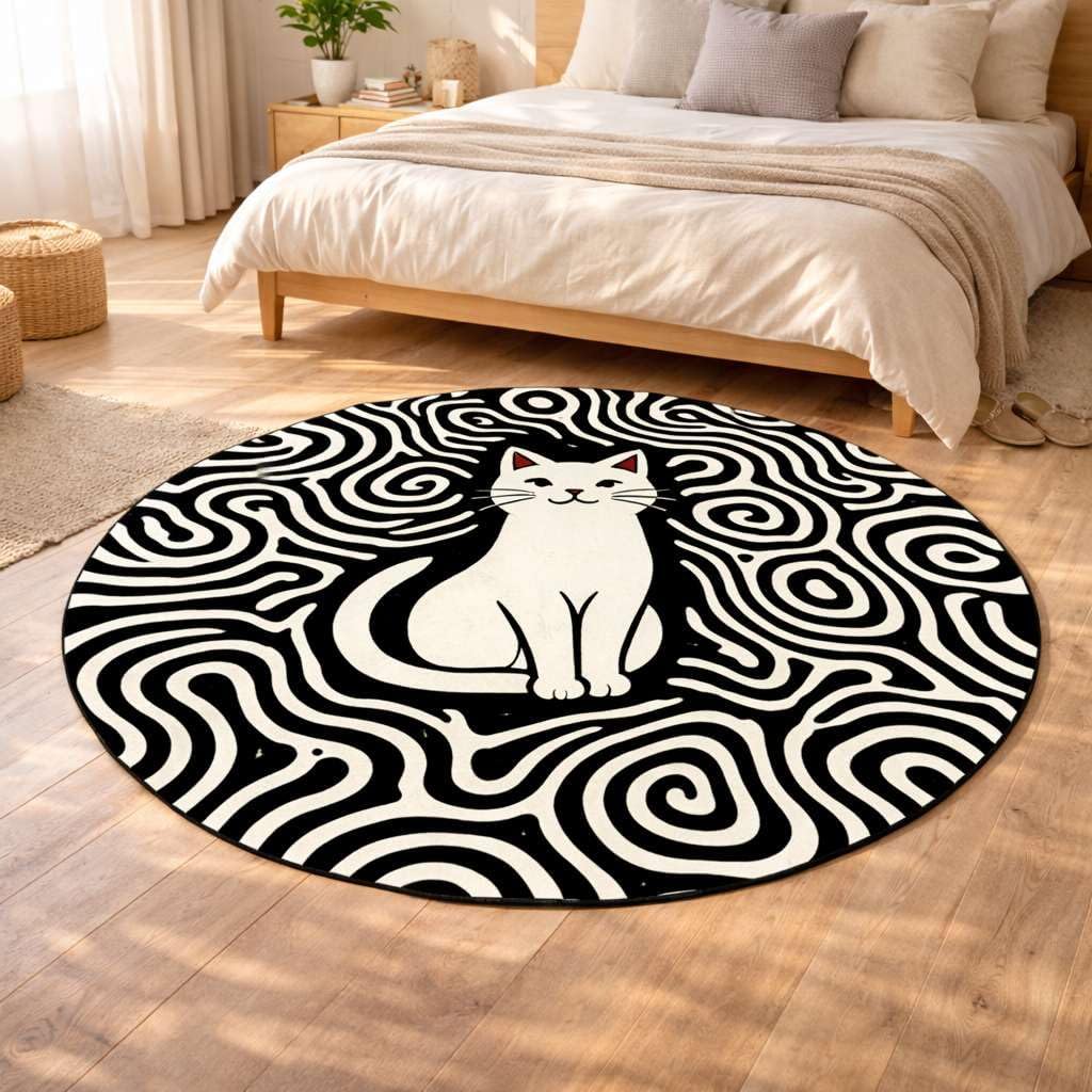 Round Cat Area Rug Black White Abstract Graphic Pattern Decorative Floor Carpet Modern Design Living Room Bedroom Home Office Accent Mat Stylish Interior Decor -3" (Round)