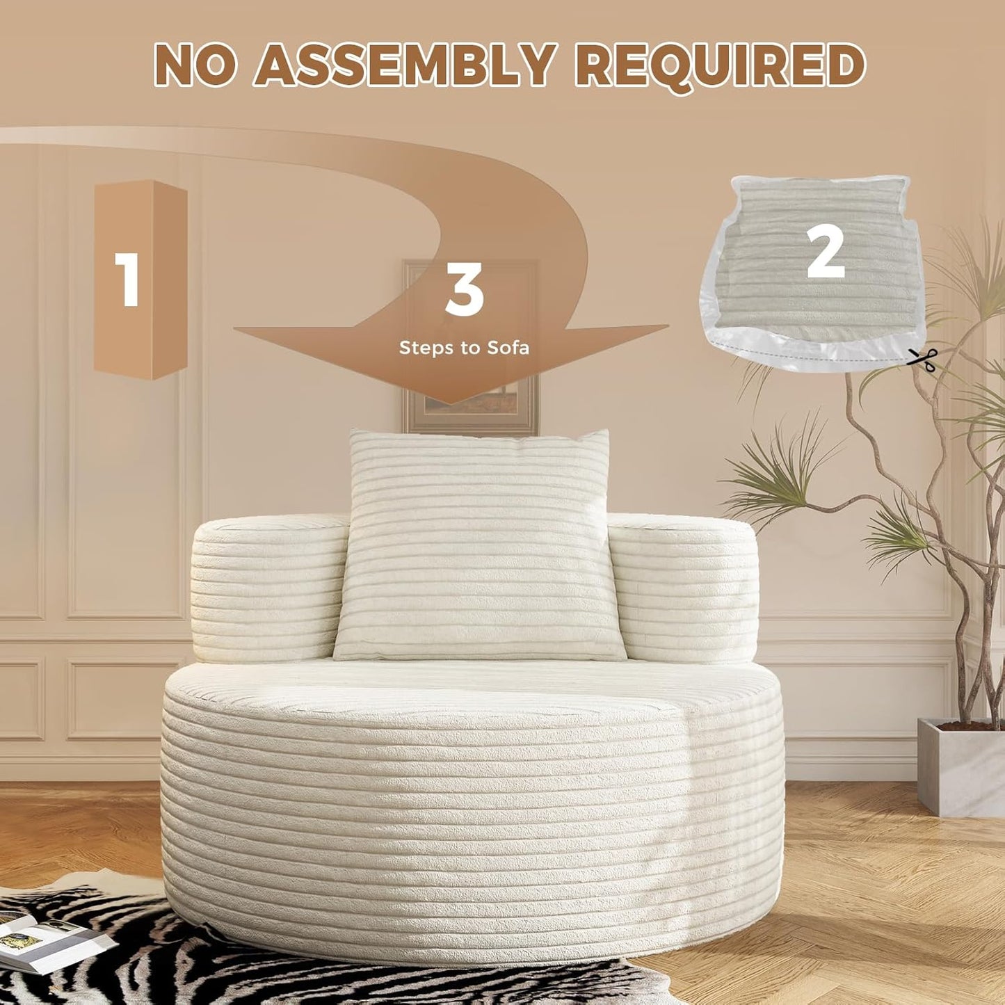 37.4" Boneless Round Chair, Oversized Chaise Lounge Cloud Chair Indoor, Upholstered Corduroy Deep Seat Sofa Accent Chair, No Assembly Required, for Living Room Bedroom Apartment