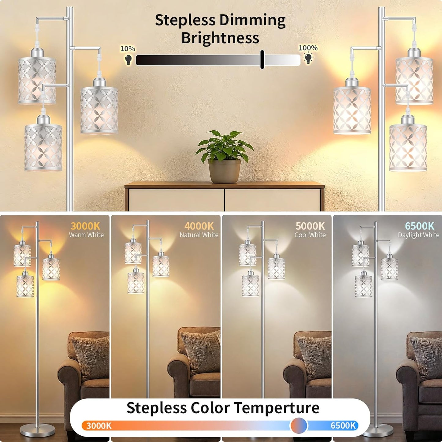 New Upgraded 72" Tall Dimmable Floor Lamp, 3 x 800LM 9W LED Bulbs Included, Farmhouse Standing Lamp with Remote Control, Industrial Tree Pole Floor Lamps for Living Room, Bedroom, Study Room - Silver