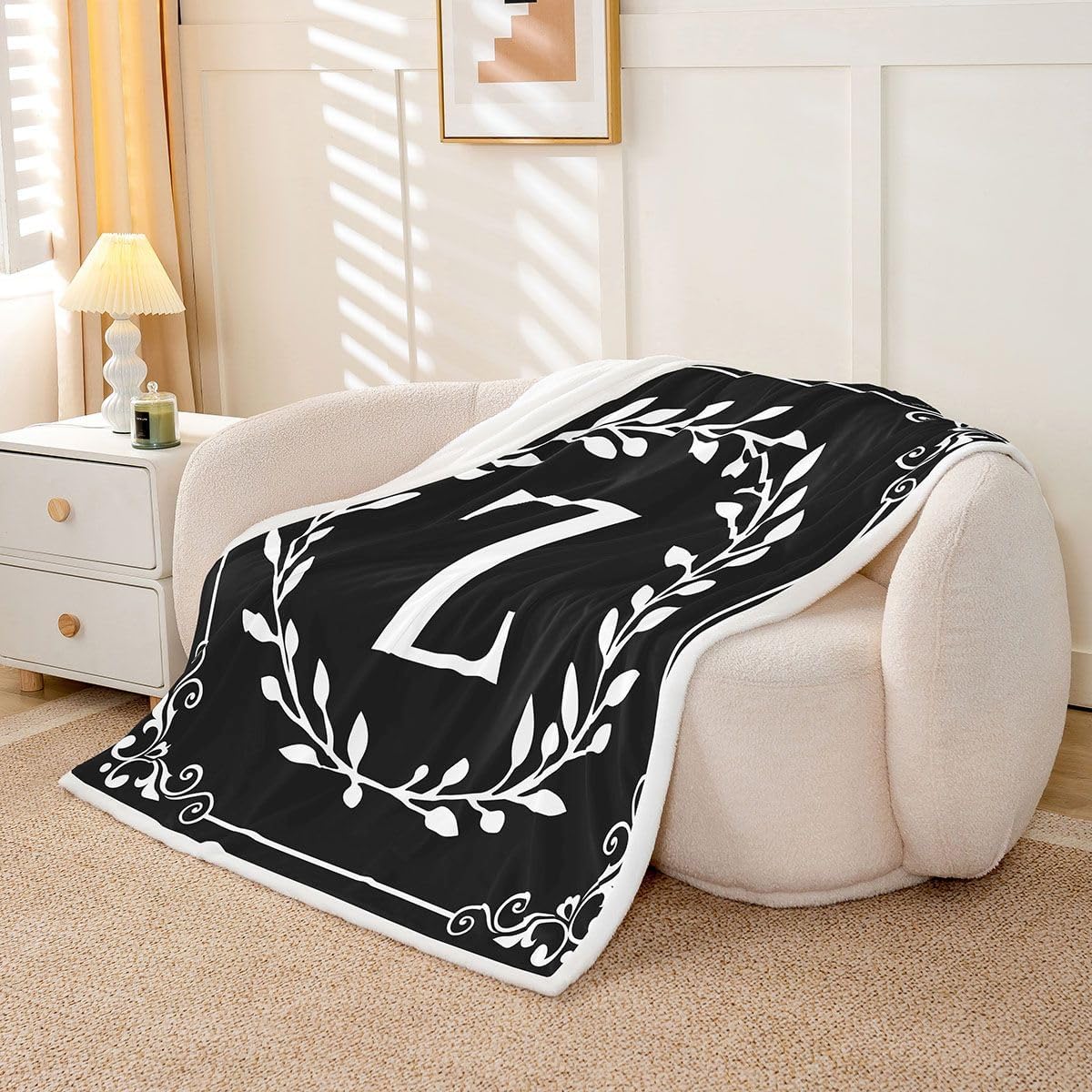 Erosebridal Initial Letter Z Baby Size Sherpa Blanket Black White Fuzzy Plush Throw Personalized Gifts for Women Men Frends Boho Floral Leaves Fleece Blanket Minimalist Branches Decor for Sofa Couch