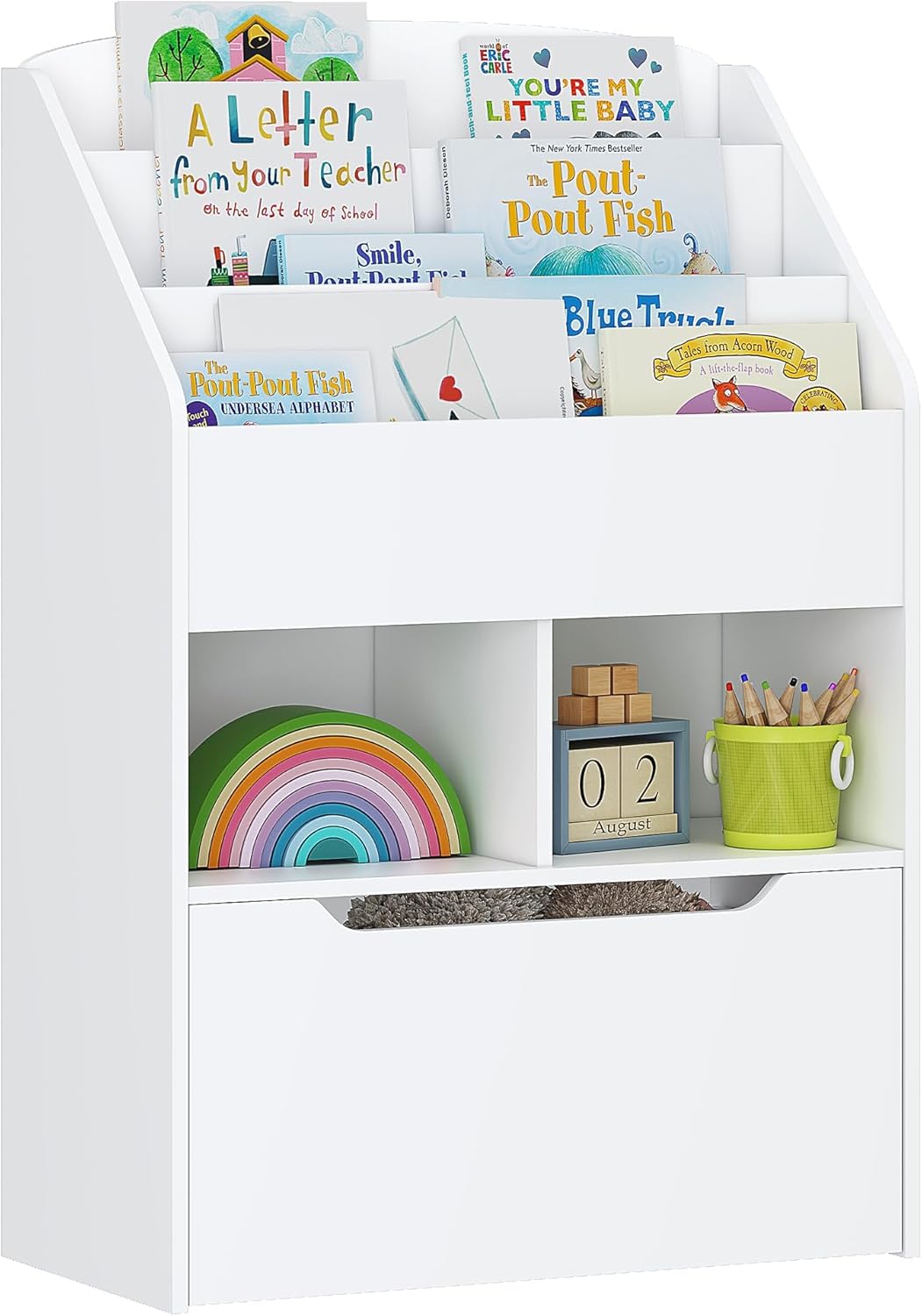 UTEX Kids Bookshelf with Movable Toy Box, Toddler Book Shelf and Toy Storage, Children Book Display Rack Toy Chest Combo for Kids Room & Nursery, White