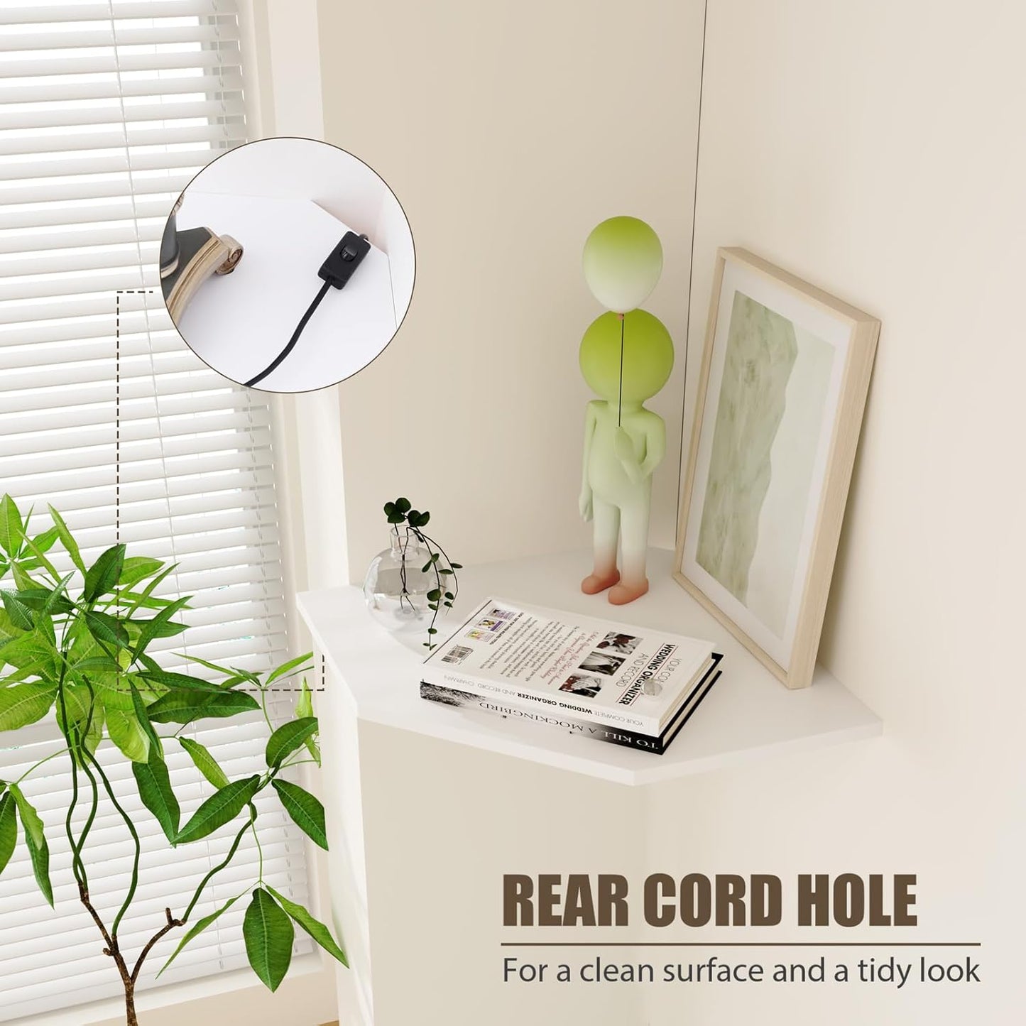 Large Floating Corner Wall Shelf with Cable Management, White MDF, Modern Home Decor, Book Display Storage