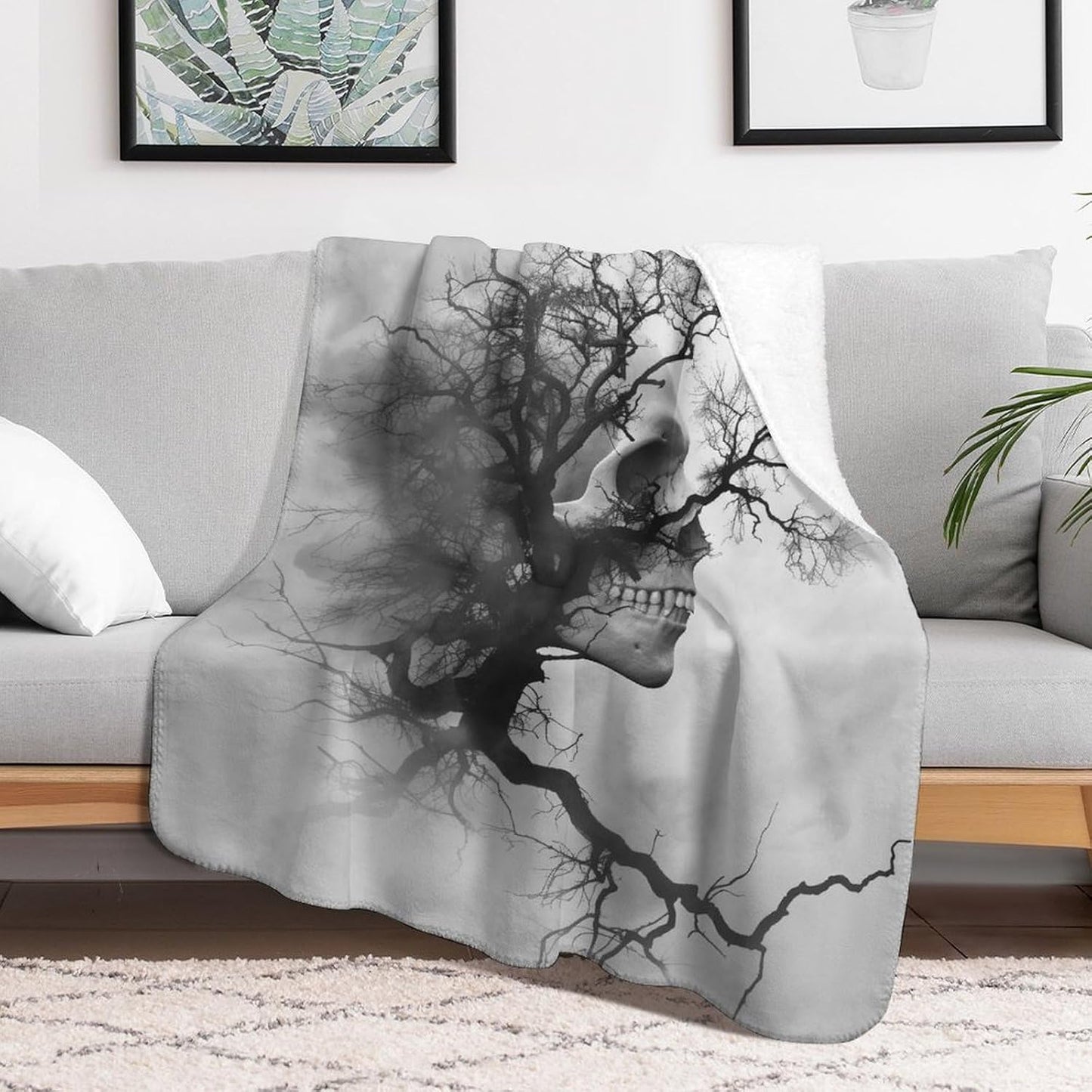 Skull Tree Blanket Gifts for Women Kids, Gothic Raven Fleece Blankets, Cozy Plush Flannel Throw for Couch, Bed, Living Room Decor 50"x60"