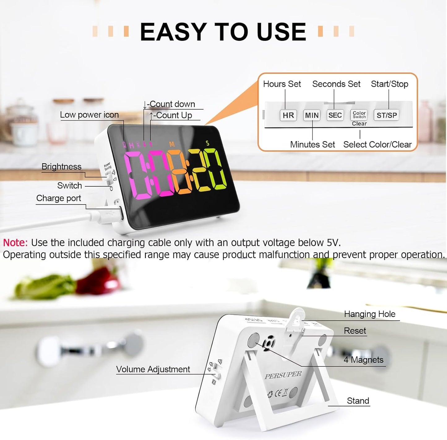 Kitchen Digital Timer, Count Down Up, Rechargeable, Vibration Mode Adjustable Volume and Brightness LED Display, Time Management Cook, Desk, Kids Adults Study Teaching, Kitchen Gadgets RGB
