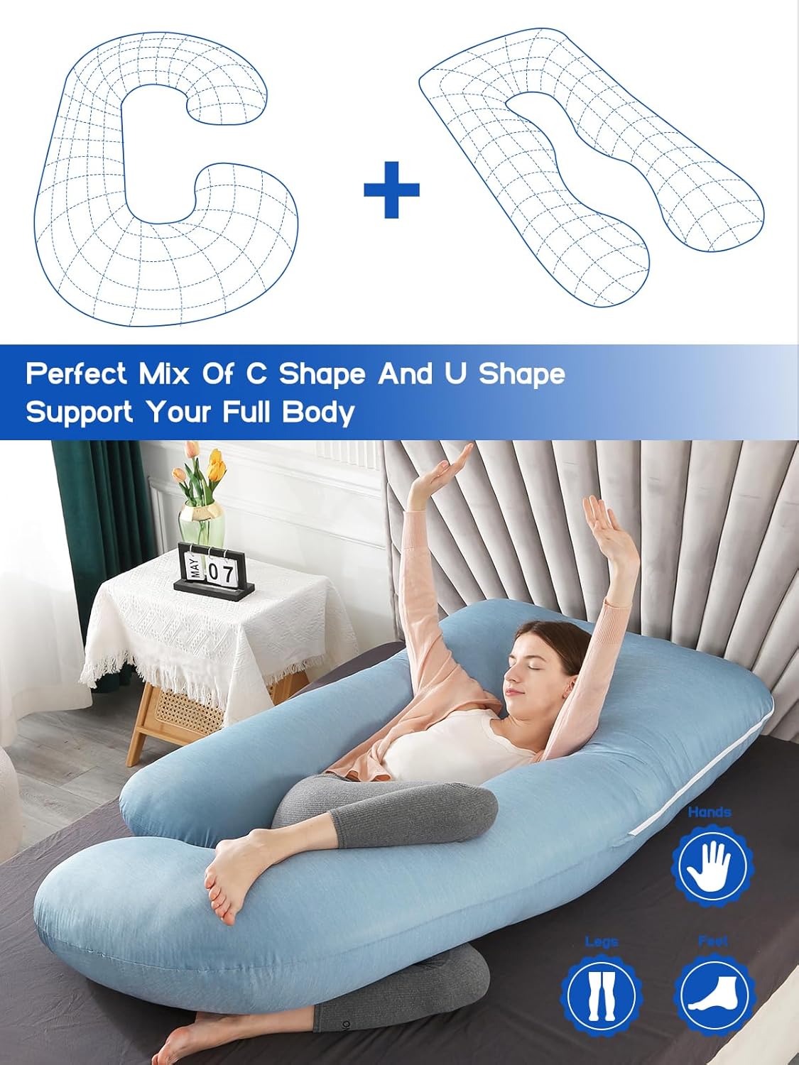 Wndy's Dream 60 inch Pregnancy Pillow with Removable Velvet Cover, Side J Type Full-Body Pillow for Back, Legs and Belly Support, Comfortable Slumber for Pregnant Women
