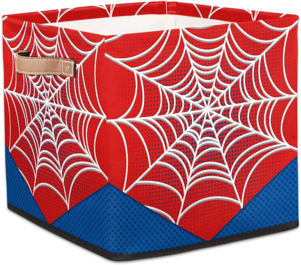 Red Spider Web Storage Cubes Bins, 13 Inch Collapsible Fabric Organizer Baskets Box with Leather Handles for Kids Toys Blanket Clothes, Home Nursery Bedroom Decor