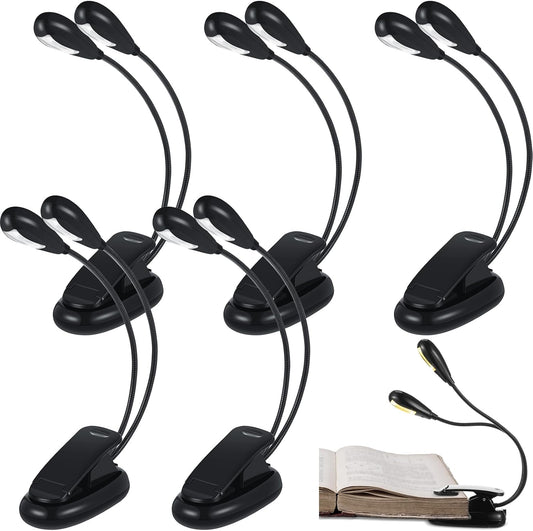Retisee 6 Pcs Music Stand Clip on Reading Light Dual Heads USB and AAA Battery Operated LED Book Lights in Bed 3 Brightness Levels Ideal for Musician, Battery Not Included (Double-arm Style)