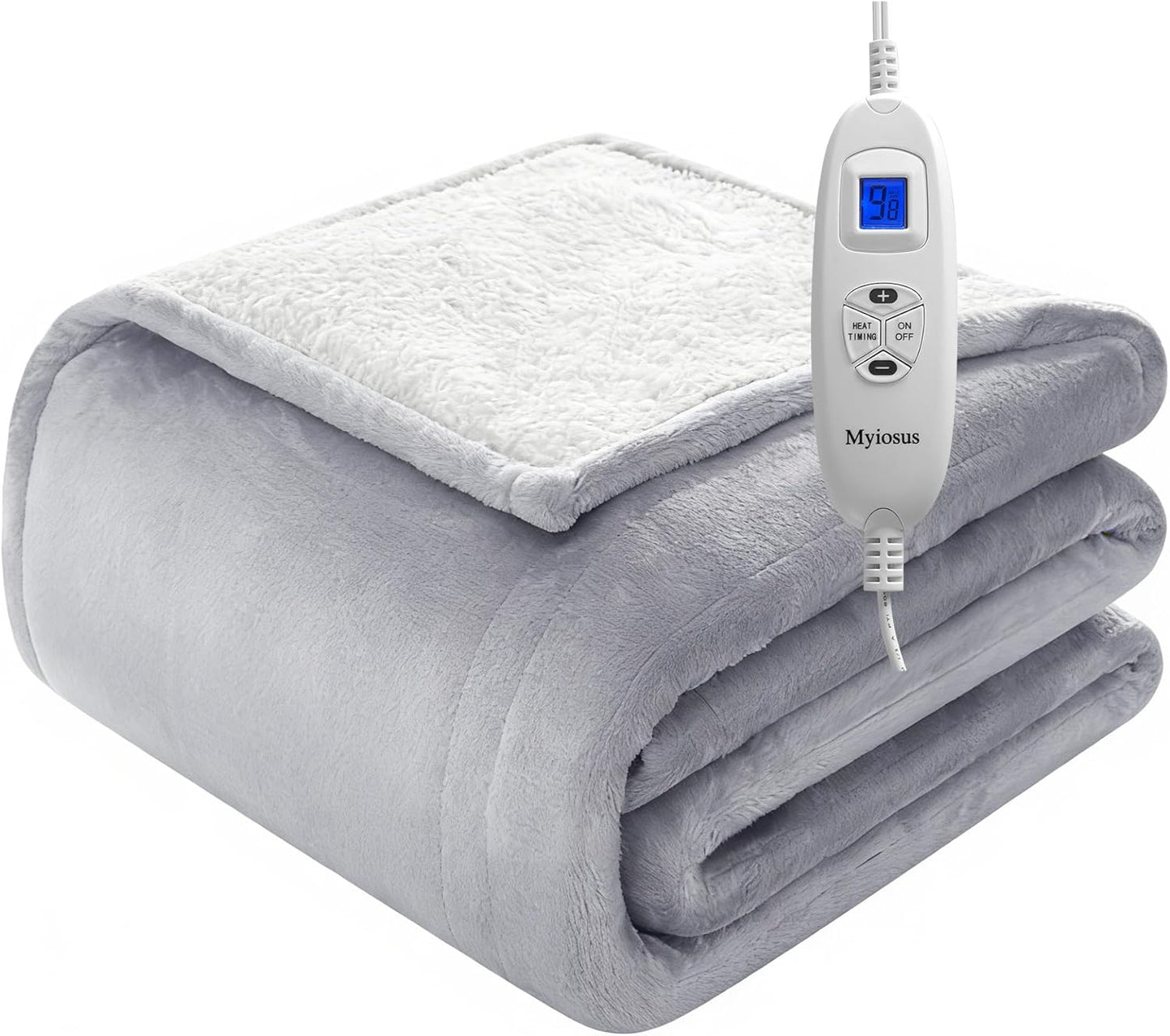 Myiosus Heated Blanket Throw Blanket, Fast Heating Electric Blanket with 9 Heating Levels & 9 Time Settings, Soft Velvet Sherpa Heated Throw, UL & FCC, Warm Gifts for Women & Men (50"x60", Grey)