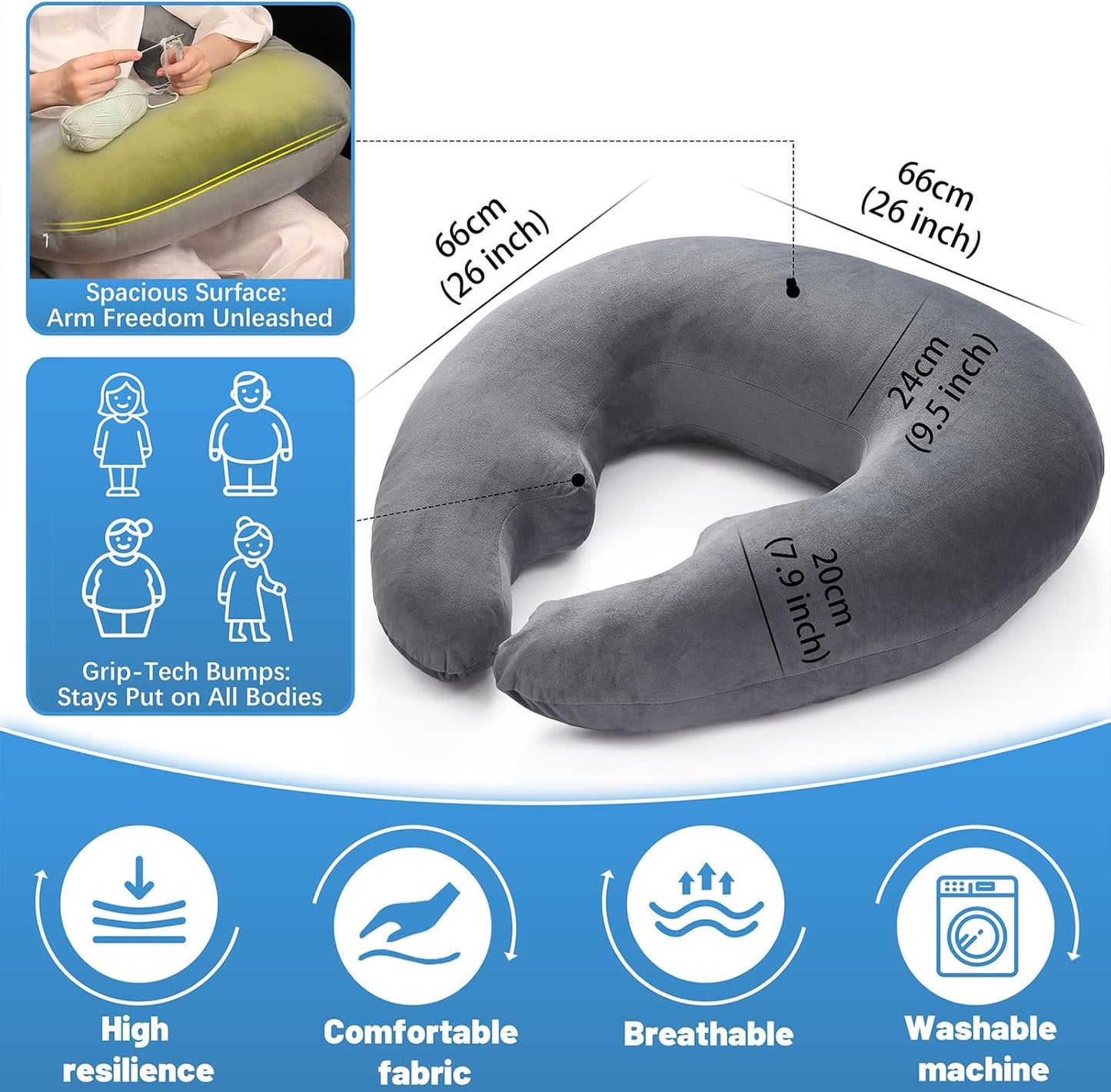 Ergonomic U-Shape Gaming & Lap Pillow - Crochet Pillow & Reading Support Pillow with Arm Relief, Comfort for Gamers, Crafters & Book Lovers (Dark Gray)
