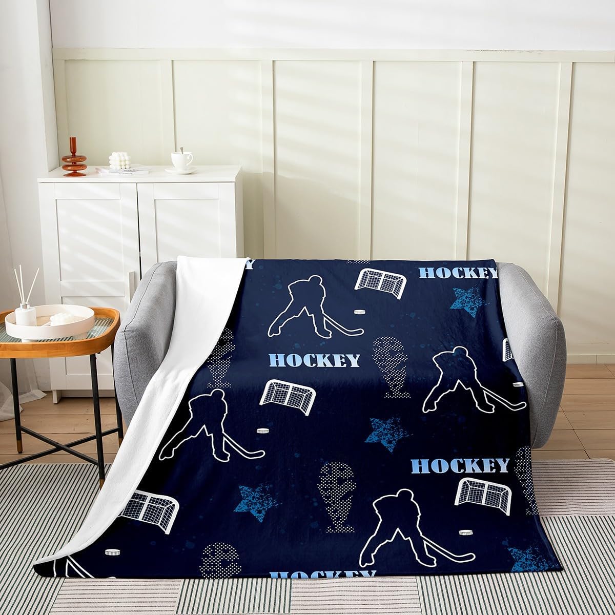 Erosebridal Hockey Fleece Blanket,Ice Hockey Blanket Twin 60x80,Hockey Player Fuzzy Blanket,Ball Gamer Flannel Blanket for Sofa Bed Couch,Hockey Sports Themed Throw Blanket for Kids Boys,Blue