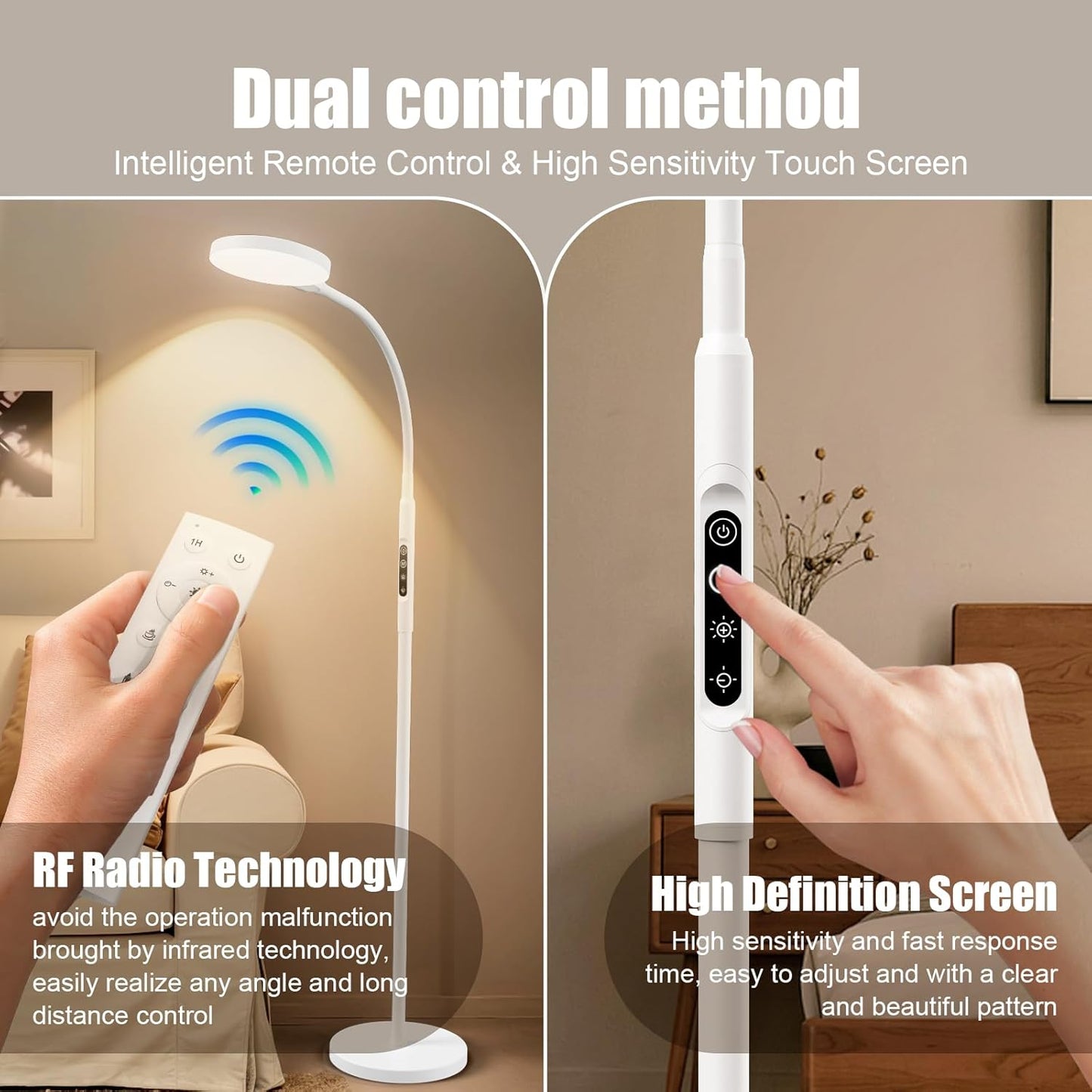 Daylight Floor & Desk Lamp – 11,000 Lux UV-Free Full Spectrum Light, 5 Color Temperatures & 10 Brightness Levels, 360° Adjustable Gooseneck Lamp for Home Office, Bedroom & Reading (White)