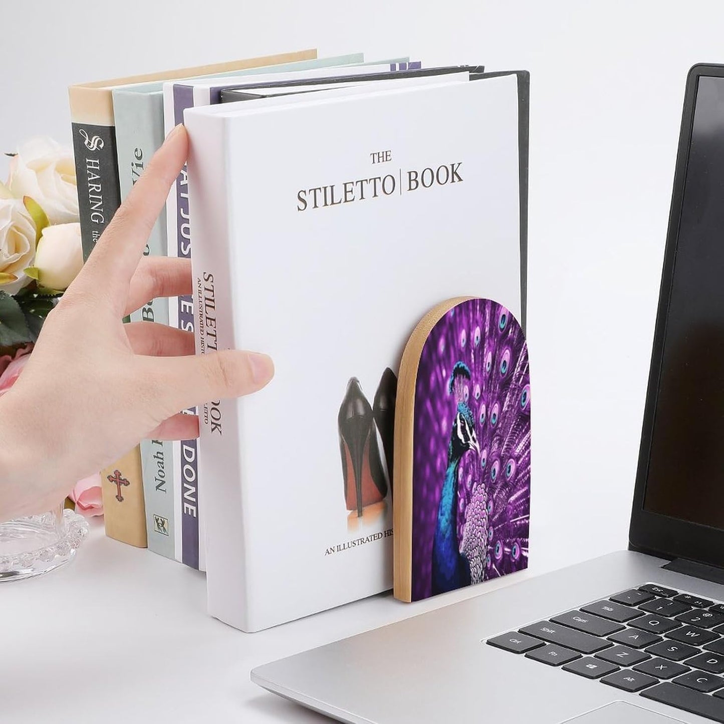 Purple Peacock Bookends 1 Pair Heavy Duty Book Ends for Shelves Non-Skid Bookend Supports Wooden Book Holders with Metal Base Desk Organizers Books Storage to Hold Books