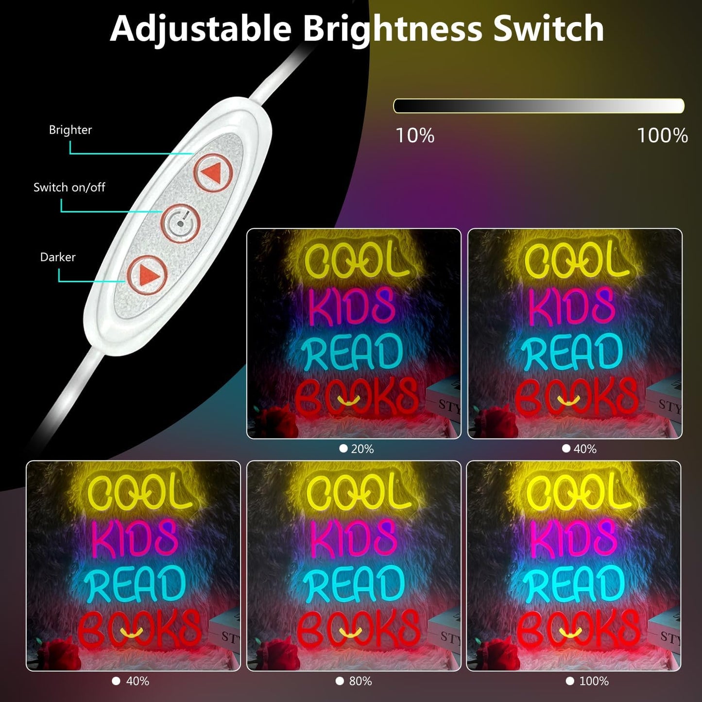 Cool Kids Read Books Neon Sign 14.8"×10.6" for Reading Room Hanging Decorations Library Classroom Read Corner Bedroom Decor with USB Powered Dimmable Switches