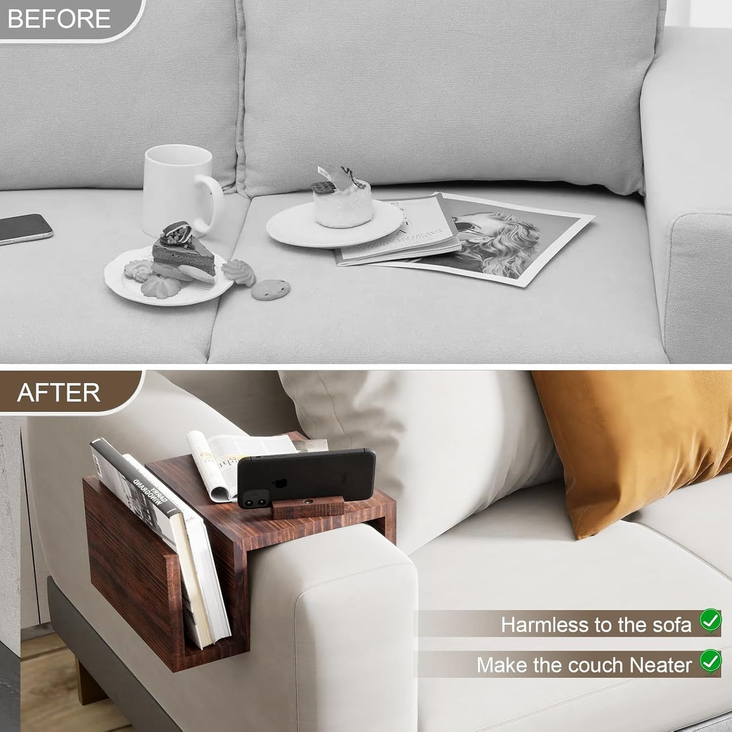 Couch Arm Table Tray with 360° Phone Holder Side Storage Pocket 3 in 1 Couch Armrest Table Wooden Clip-On Sofa Arm Tray Table for Living Room TV Dinners Eating Drinks Snacks (Brown)