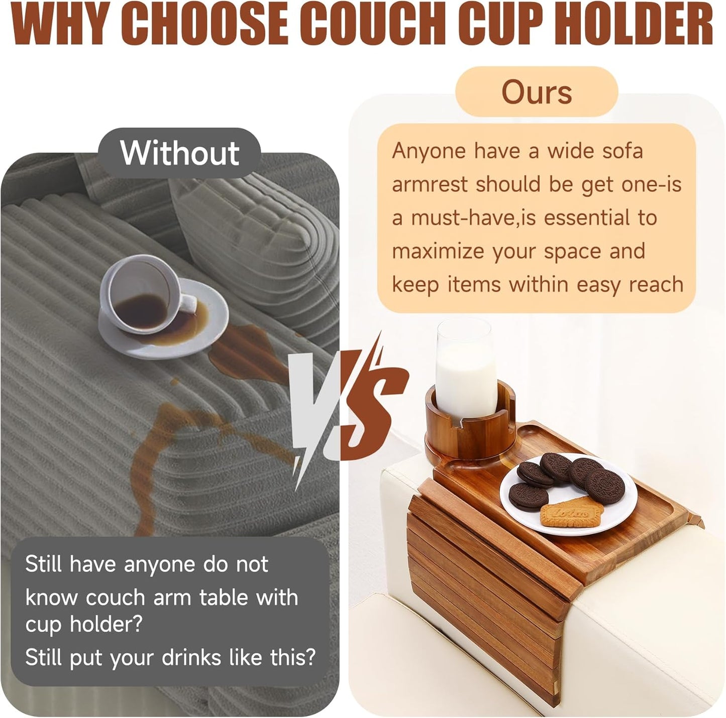 SINWANT Couch Cup Holder Tray,Acacia Wood Sofa Arm Clip on Tray Table with 360° Rotation Cup Holder,Foldable Anti-Slip Couch Armrest Table for Coffee Mug,Water Bottles,Snacks,Remote on Large Armrest
