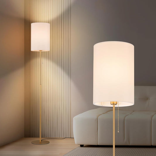 Tubicen 61" Gold Floor Lamp with Pull Chain 360° Full Beam Tall Standing Pole Lamps Adjustable Height Small Fabric Shade Base Dimmable Modern Slim Corner Floor Lamps for Living Room Bedroom Office