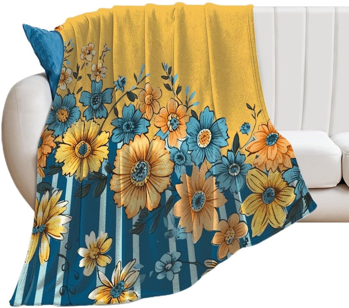 Yellow and Blue Floral Throw Blanket for Couch Super Soft Warm Lightweight Throw Blankets Cozy Flannel Bed Blanket Cute Decorative Blankets for All Seasons Home Decor Gift 60"*80"（150 * 200cm）