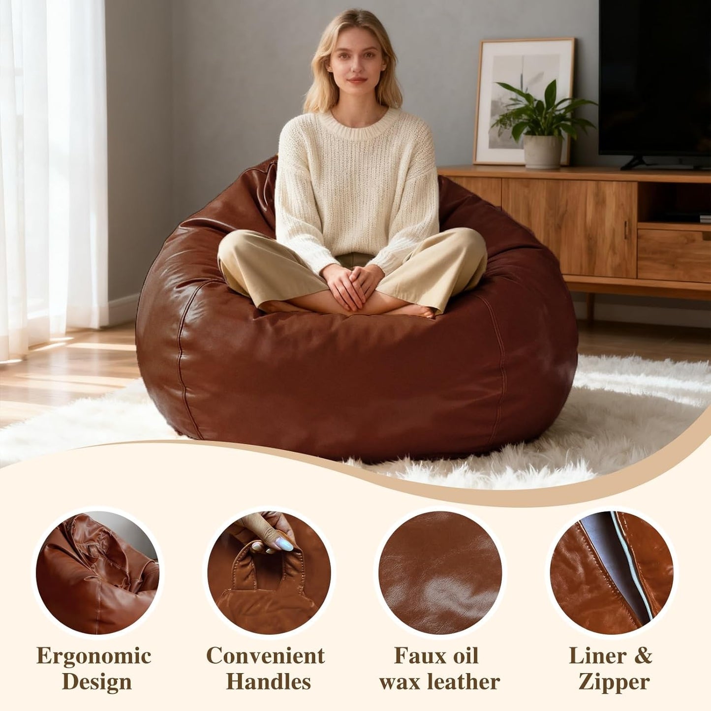 Bean Bag Chair Cover (No Filler) Luxury Faux Leather Lazy Sofa Floor Seating Pouf Lounge Envelope Beanbag Corner Seat Comfy Couch Storage Furniture for Adults & Teens(Brown Cover)