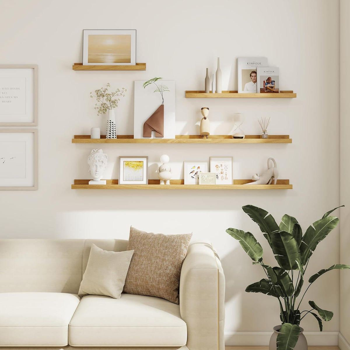 Floating Shelves for Wall Set of 6, 36 inch Picture Ledge Shelf Decor Storage, Wall Mounted Shelves for Living Room Bedroom Decor Books Photo Frames,Oak