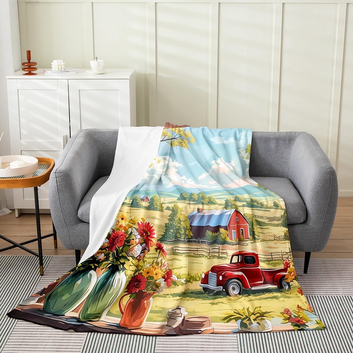 Rustic Farmhouse Style All Season Bed Blanket Red Truck Barn Plush Throw Blanket,Blooming Flowers Home Decorative Flannel Blanket Green Blue Red Blanket for Sofa Couch 60"x80"