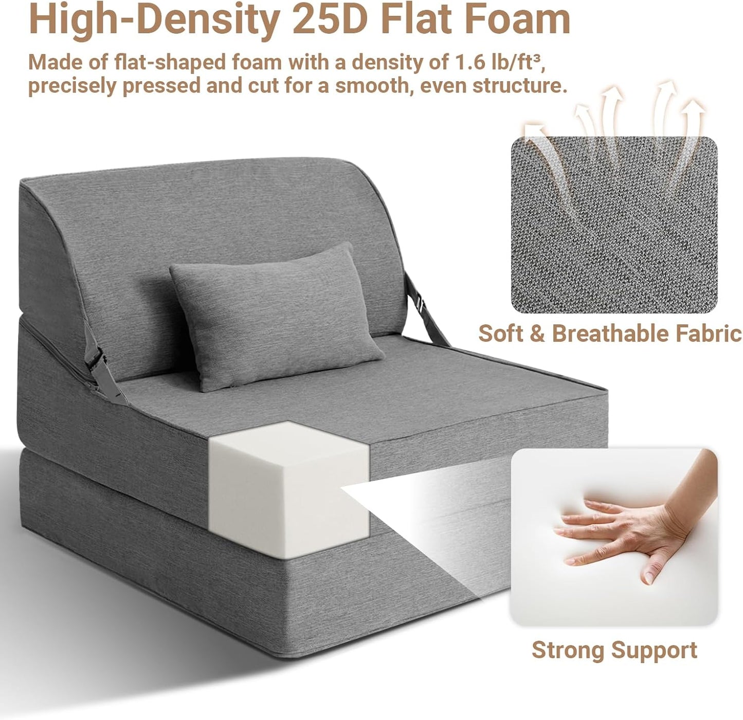 BeBen Folding Sofa Bed Chair, Convertible Sleeper Chair Futon Couch, Foldable Boneless Floor Lounger Sofa, Single Foam Chair Bed for Small Spaces, Dorm, Guest Room, Living Room, Apartment, Grey