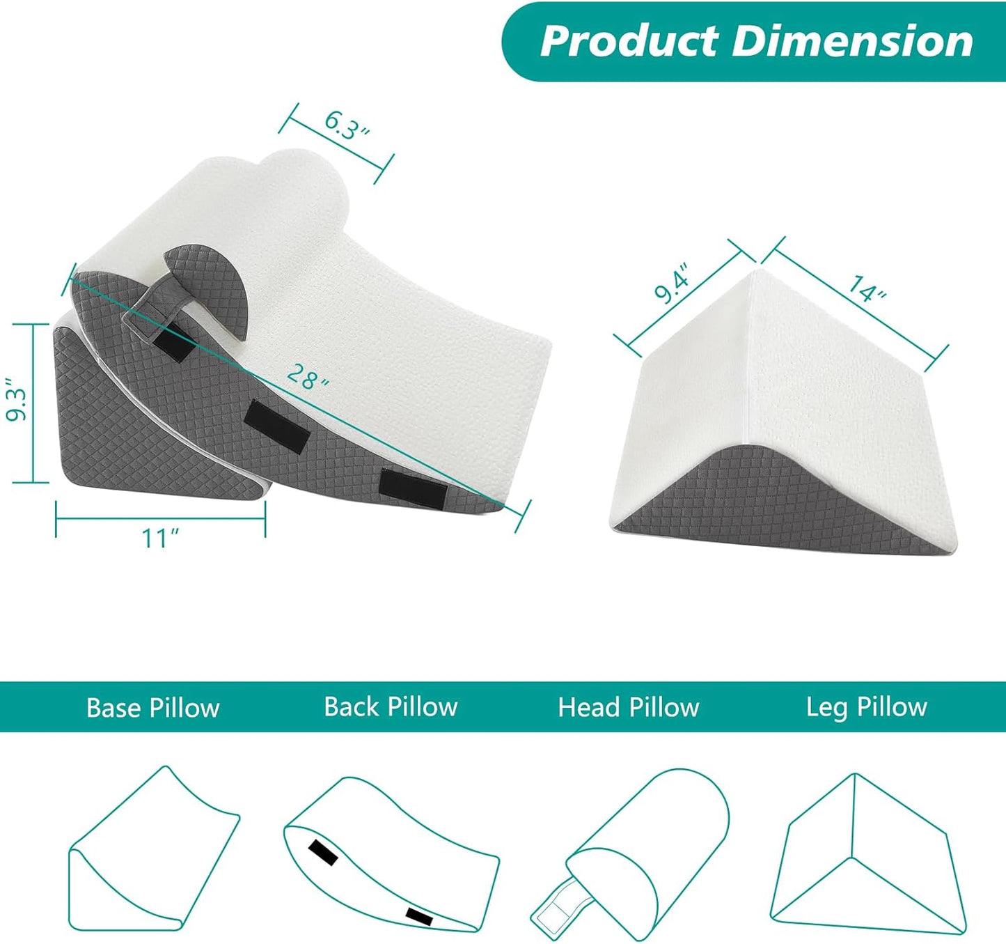 Orthopedic Bed Wedge Pillow Set for Sleeping 4 PCS - Adjustable Triangle Pillow for Neck Leg Support with Washable Cover - 35D Foam Wedge Pillow Post Surgery for GERD & Snoring (White Grey)