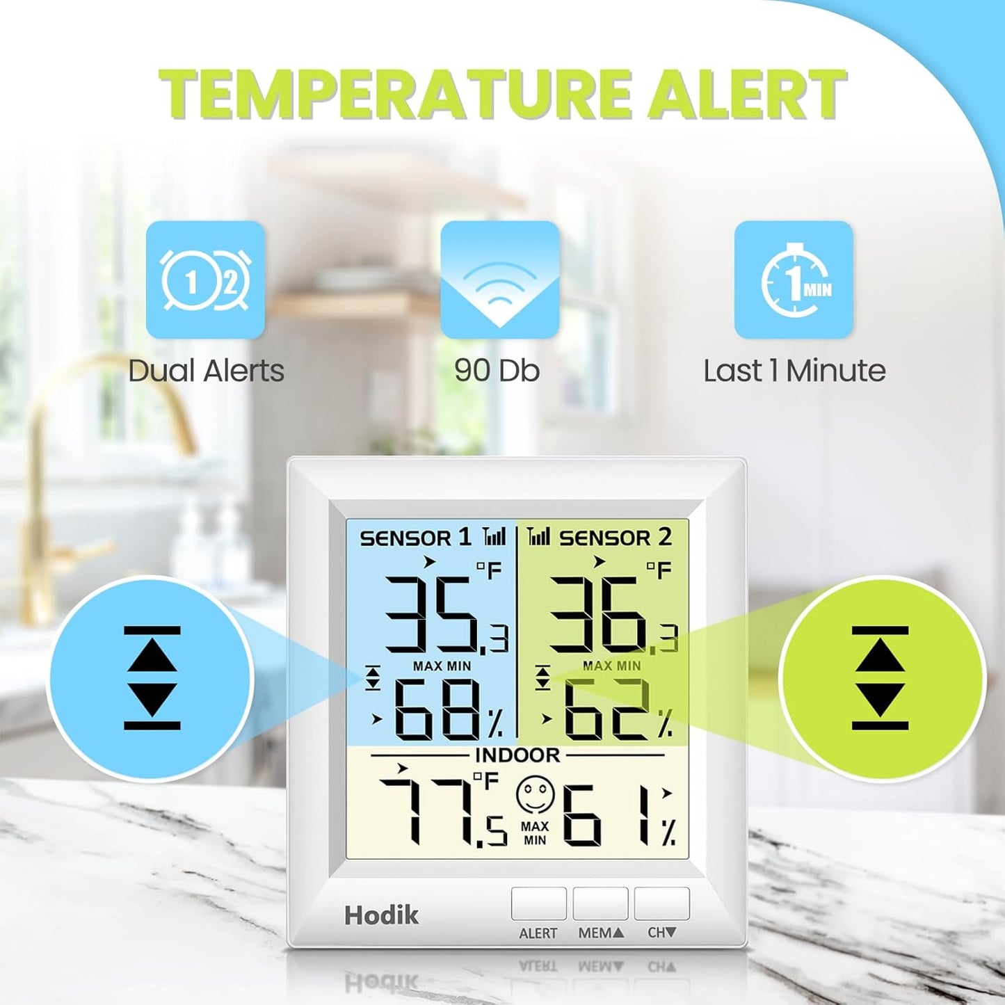Digital wireless Thermometer, Fridge Freezer Alarm Thermometer Digital with 3 Adjustable Backlight and 330FT Remote Range for Kitchen Home Restaurant
