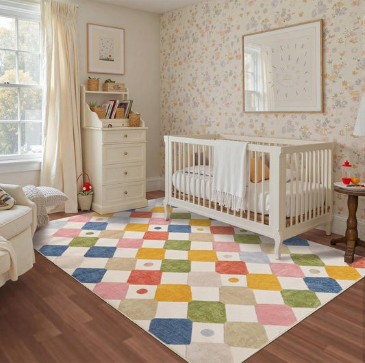 jinchan Macy 5x7 Area Rug for Kids Room Modern Colorful Checkered Diamond Nursery Rug Indoor Washable Soft Non Slip Carpet for Playroom Classroom Bedroom Dorm Daycare Living Room Circus on Cream