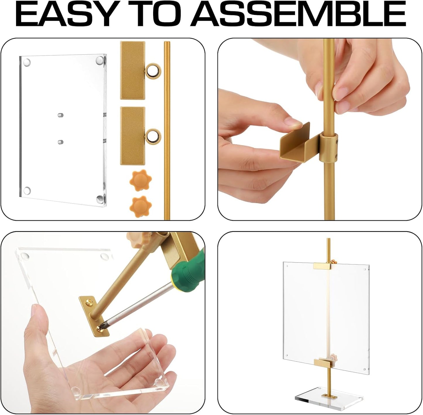 RattanView Gold Adjustable Metal Easel Stand with Acrylic Floating Photo Frame 16.5" Tabletop Metal Standing Easel Display Stand for Display Picture, Frame, Photos, Art, Poster, Signs