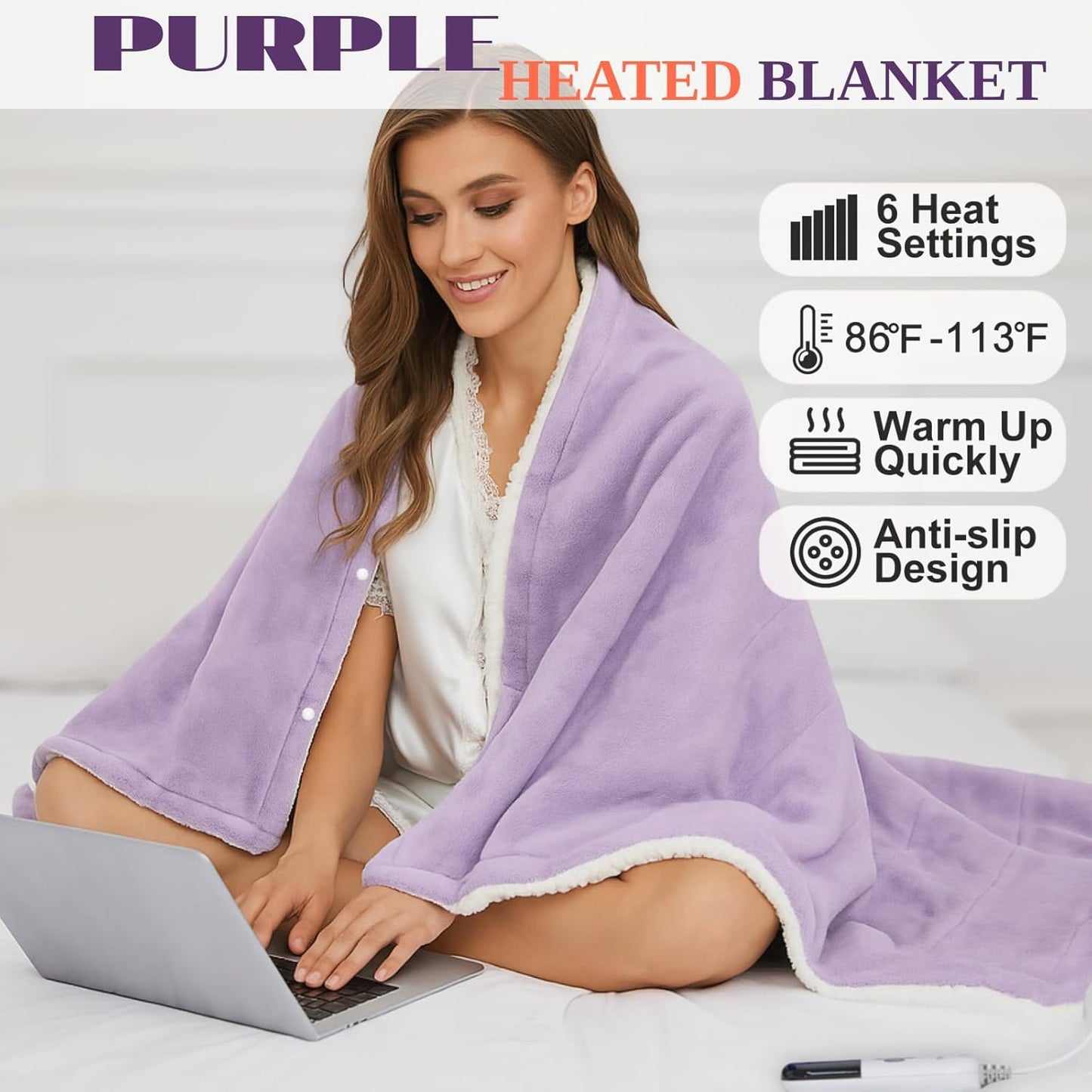 Electric Heated Throw Blanket Sherpa 50"x60" Purple Machine Washable 6 Heat Settings 4 Hours Auto Off Overheat Protection for Home Office Use
