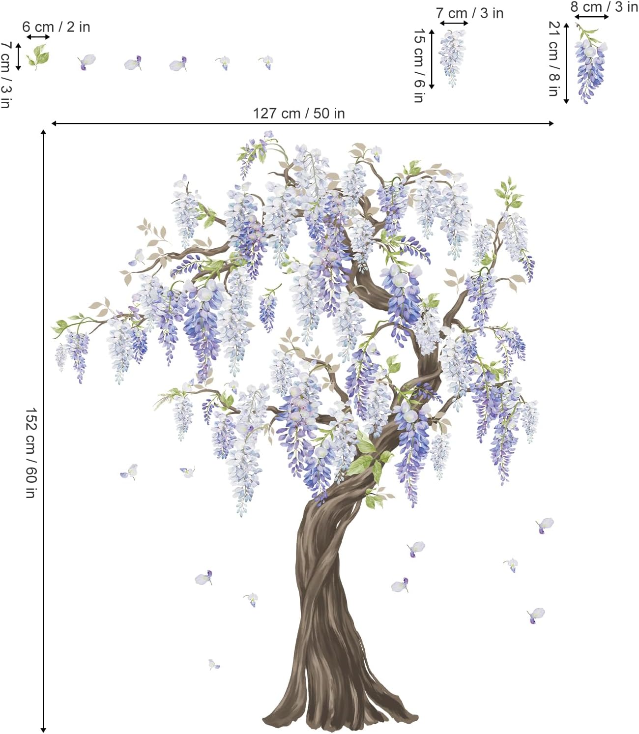 wondever Purple Flower Tree Wall Stickers Large Tree Hanging Wisteria Floral Peel and Stick Wall Art Decals for Bedroom Living Room Sofa TV Background