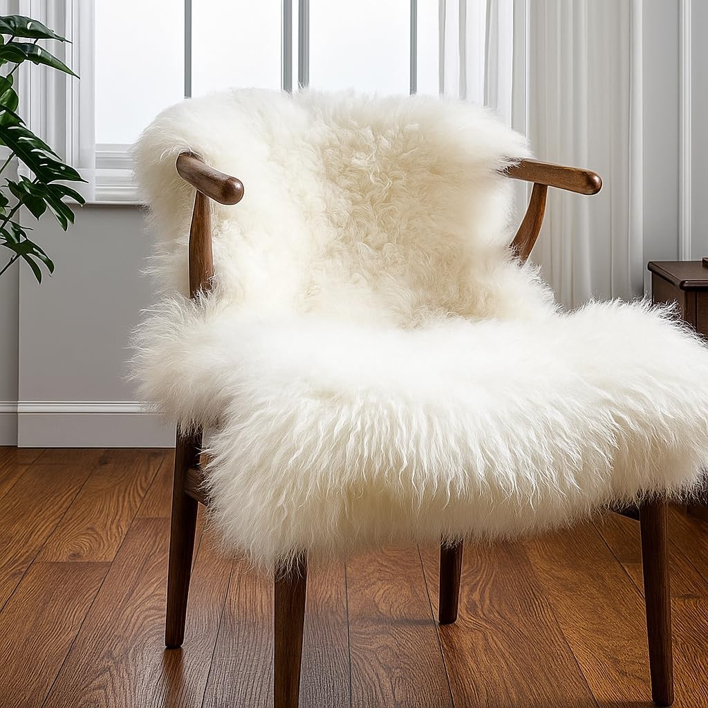 Genuine Sheepskin Rug – New Zealand Sheep Skin Fluffy Soft Single Pelt Lambskin for Bdroom, Living Room, Sofa, Chair, Bedside – Natural Ivory White Area Rug (2 x 3 ft)