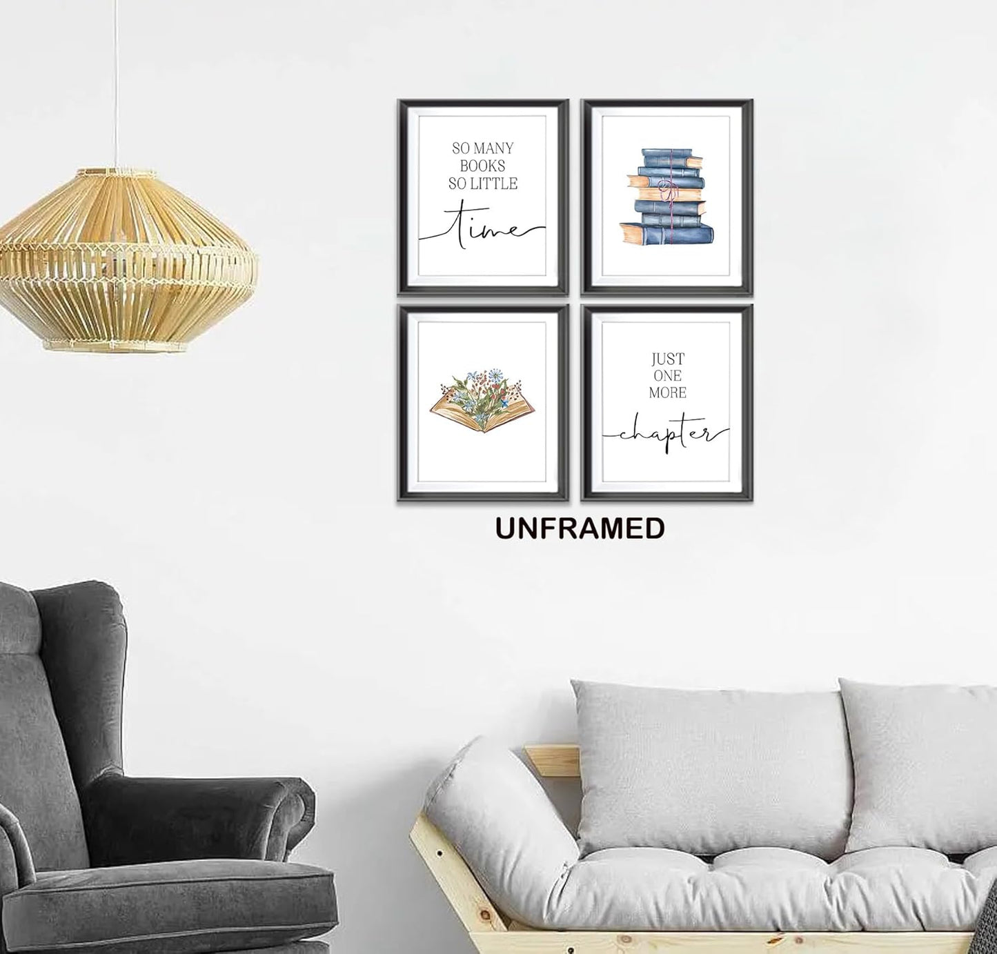 AEHIE So Many Books So Little Time Wall Art Print, Just One More Chapter Poster Prints for Reading Corner Decor, Funny Quote Wall Decor, Book Floral Wall Art, 4pcs 8x10inch