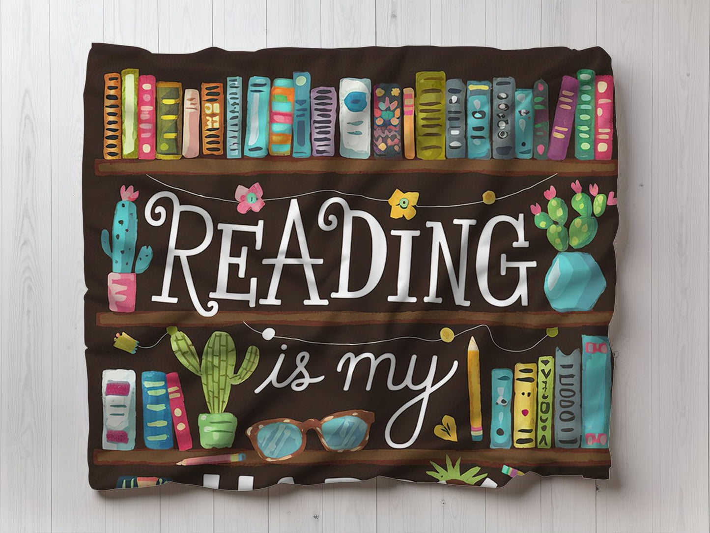 Reading is My Happy Place Blanket - Cozy Bookshelf Throw for Book Lovers - Vibrant and Artistic Library Design - Perfect Snuggle Companion for Quiet Reading Days - Great Gift for Avid Readers