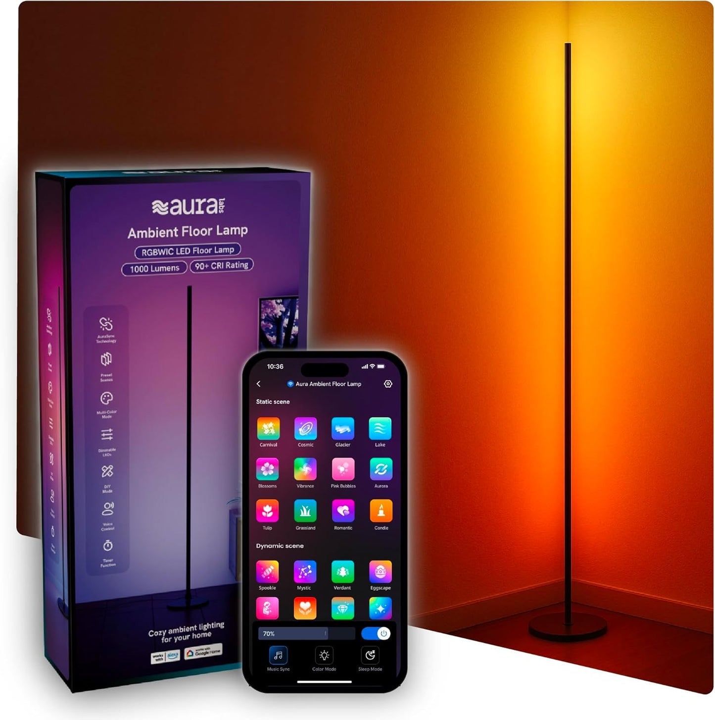 Aura Labs RGBICW Floor Lamp, Ambient Light LED Corner Light Alexa Control with Music Sync 1000 Lumen 4-Billion Colors, 90+ CRI, Preset & Custom Colors & Scenes, Modern Floor Lamps for Living Room
