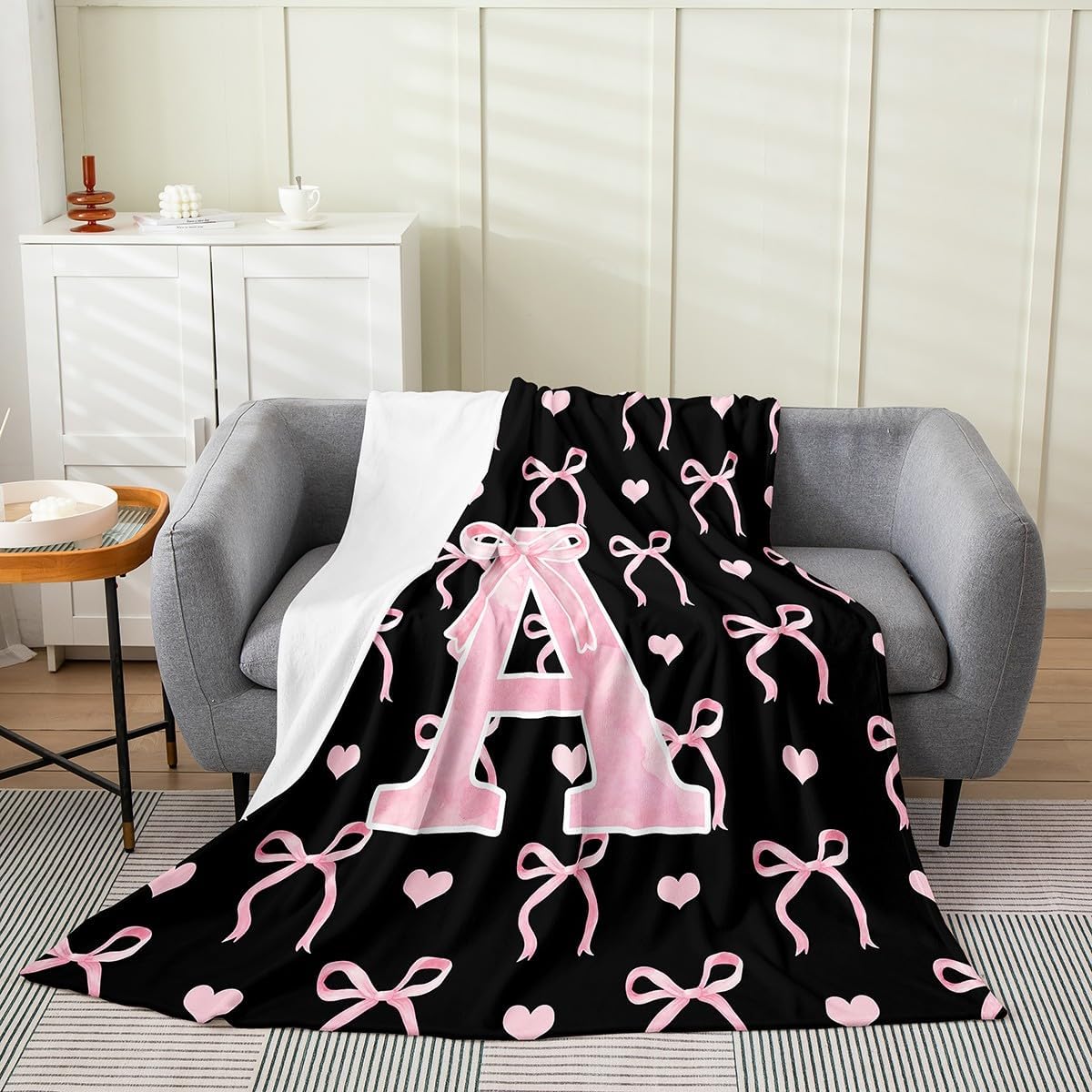 Erosebridal Initial Letter A Flannel Blanket Throw 50x60 Inch for Girls Black Pink Alphabet Fleece Blanket Ombre Ribbon Knot Kawaii Love Hearts Microfiber Bowknot Fuzzy Plush Throw