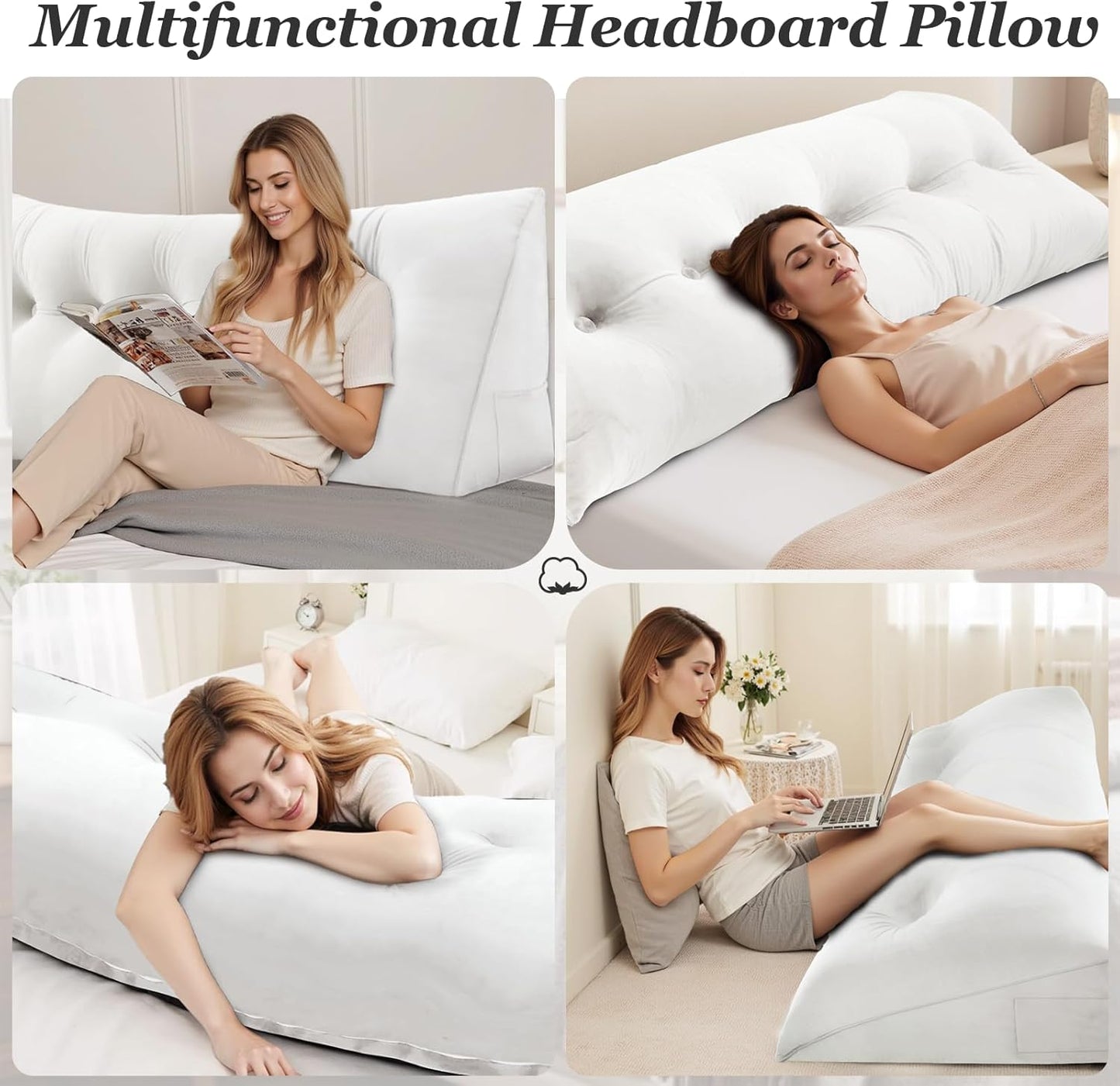 Headboard Wedge Pillow,Queen Bed Wedge Pillow for Headboard,Backrest Pillow for Beds,Reading Pillows for Sitting in Beds Adult,Bolster Pillow for Bed with Removable Cover(White,Size:60x8x20