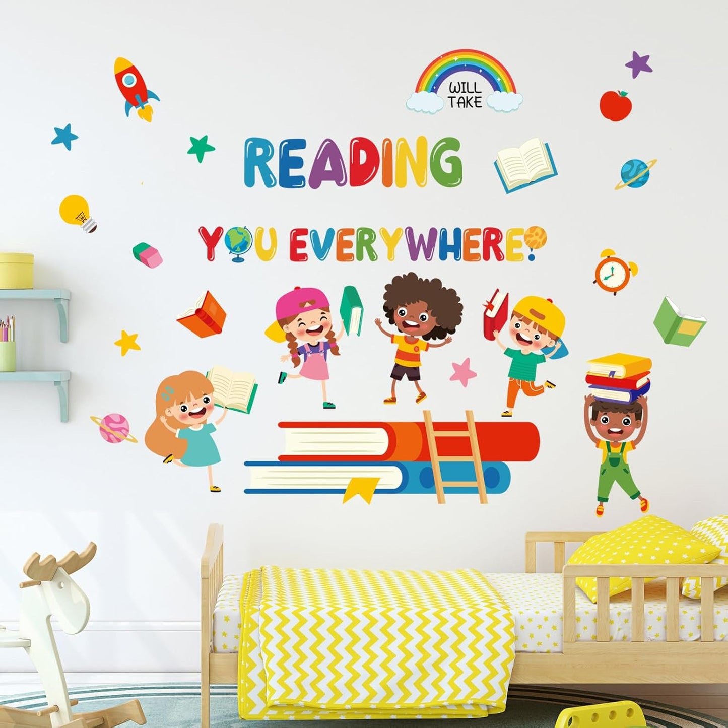 Reading Everywhere Wall Stickers - Inspirational Quotes Rainbow Book Wall Decals - Baby Nursery Kids Room Daycare Playroom Classroom Wall Decor (Read)