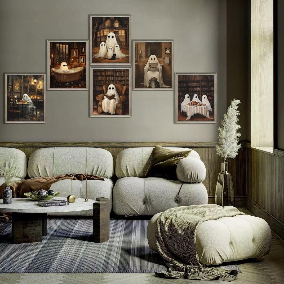 6Pcs Halloween Ghost Wall Art Gothic Ghost Scenes Reading Bathing Dining Wall decoration pictures Spooky Halloween Canvas Posters Prints for Bedroom Bathroom Home Decor Unframed (12inx16in Posters)