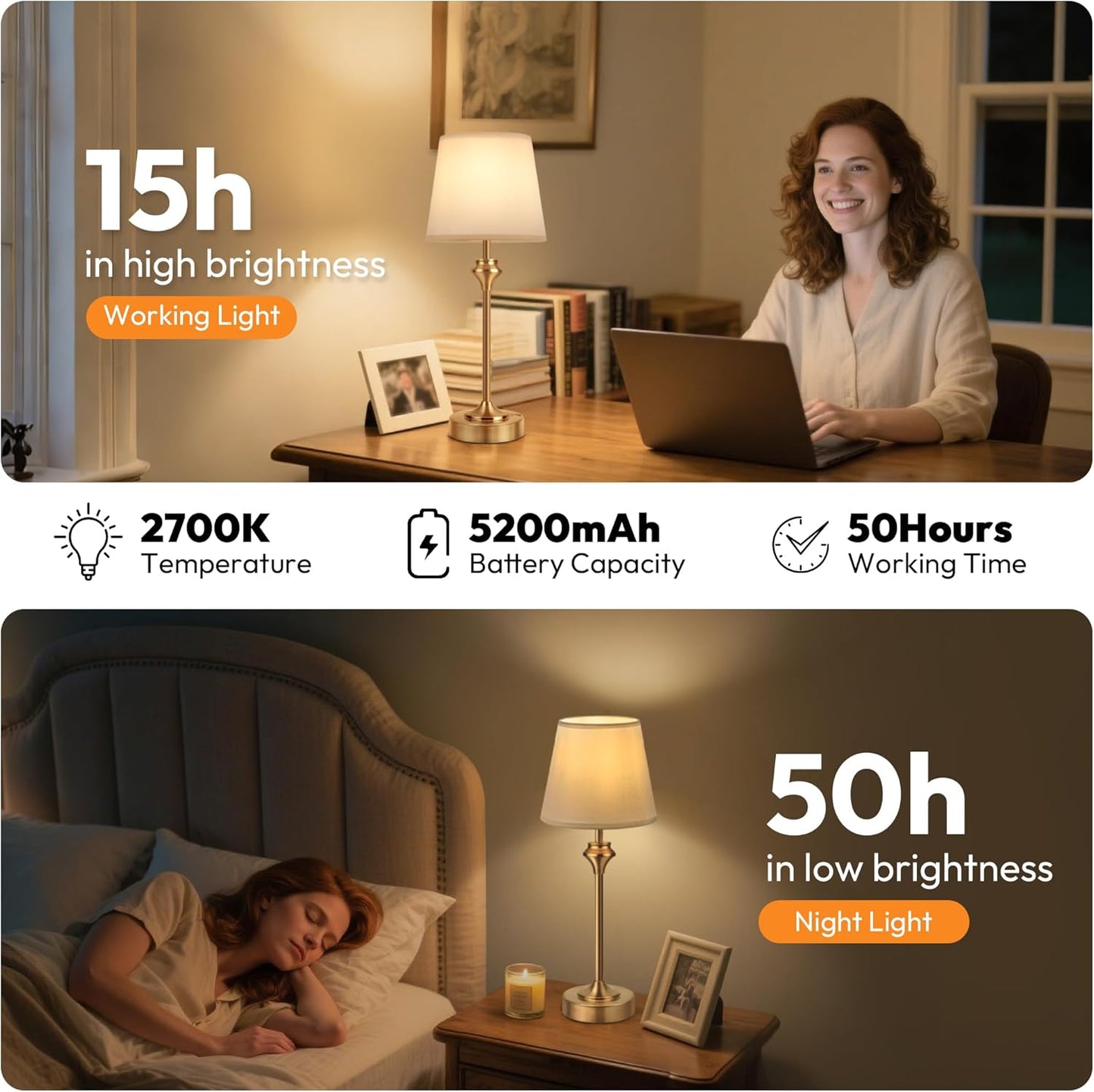 NIORSUN Portables Cordless Table Lamp Set of 2, Battery Operated Lamp, Bedside Table Lamp with Warm White,3 Way Dimmable Touch Desk Lamp for Bedroom Living Room Restaurant Whtie Shade (Gold)