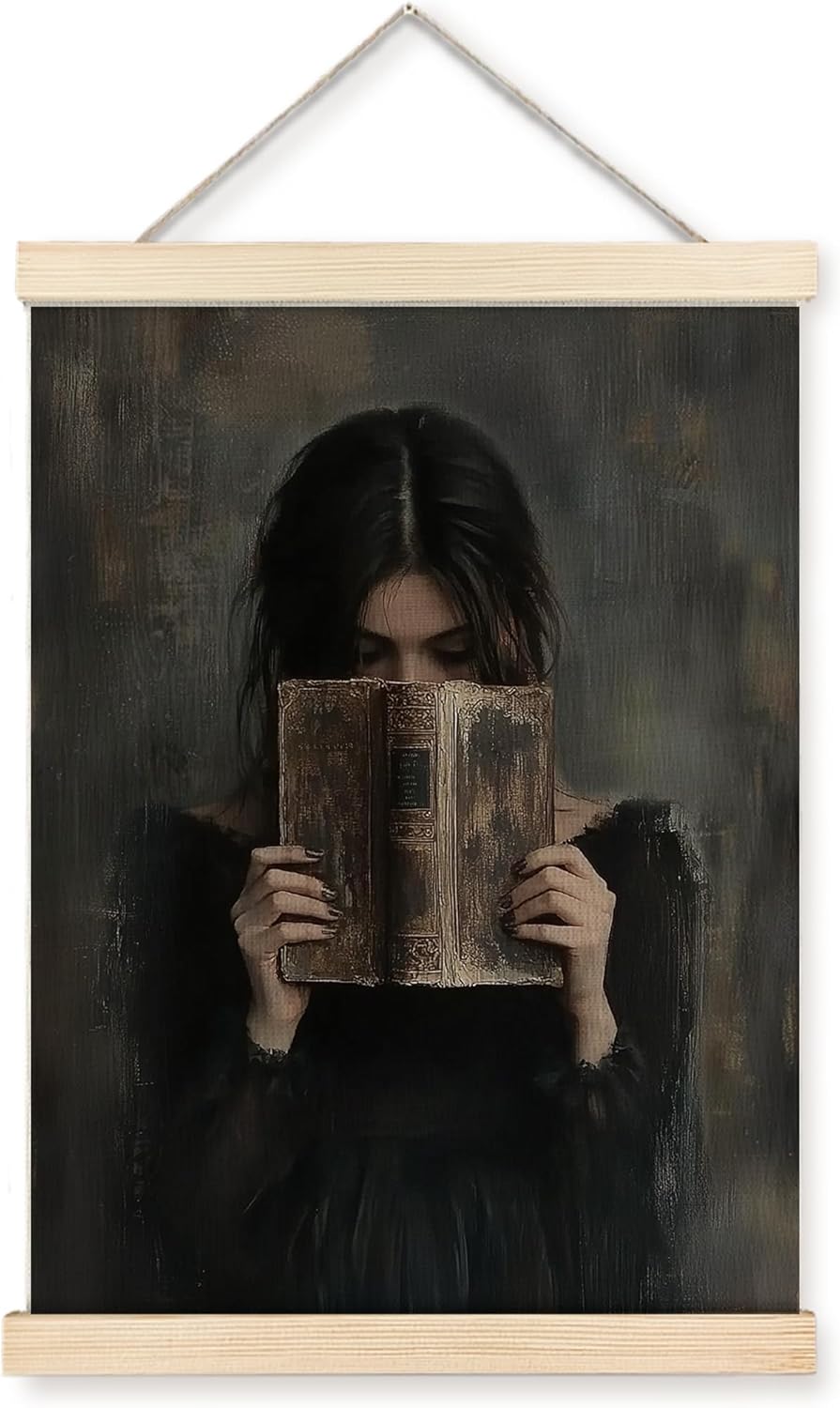 Vintage Book Girl Pattern Hanging Canvas Wall Art with Wooden Framed - Gothic Moody Dark Academia Print Library Hanging Posters, Goth Victorian Dark Cottagecore Wall Decor for Study Dorm Book Nook