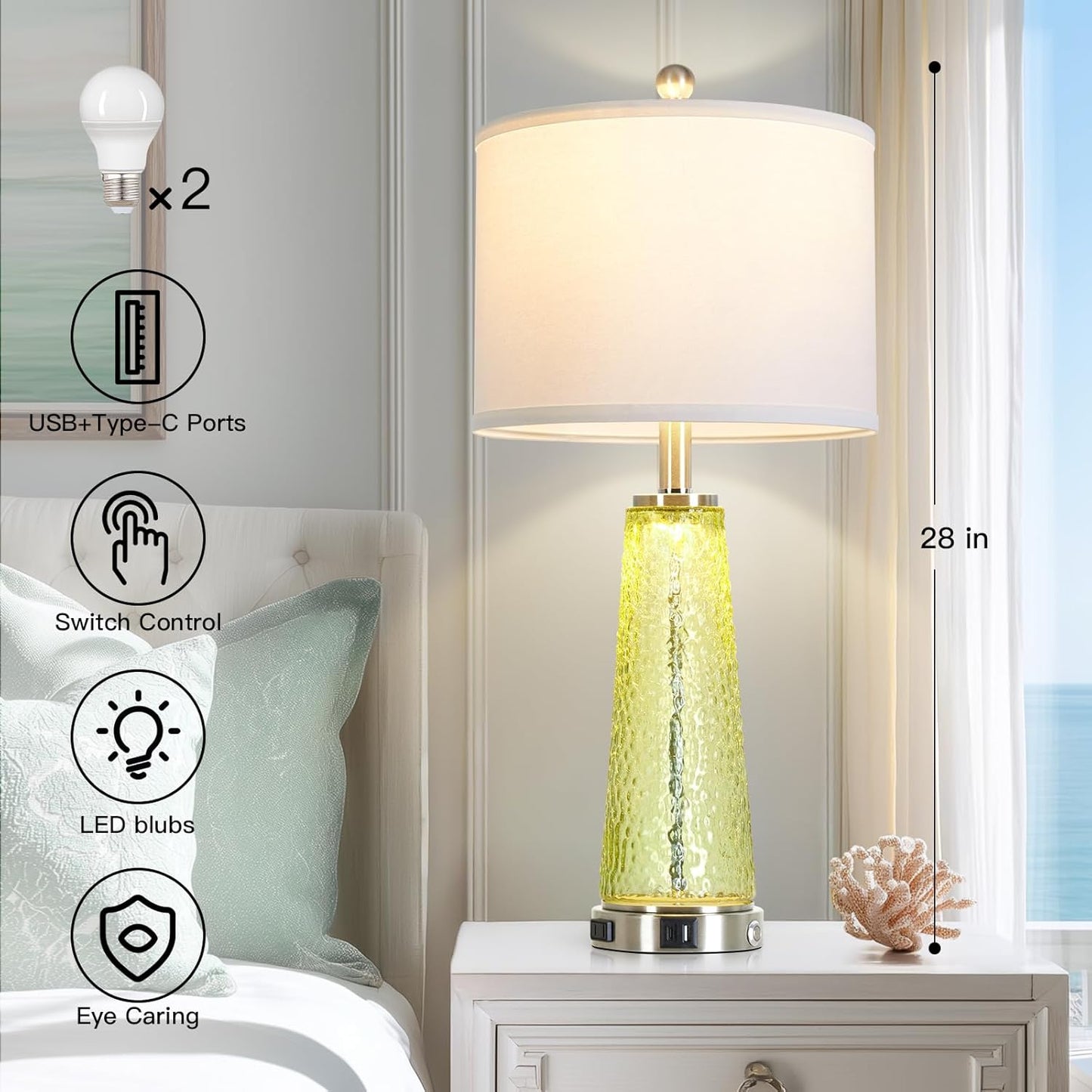 26" Gold Glass Table Lamps for Living Room Set of 2, Modern Bedside Lamp with USB A+C Ports & AC Outlet, Coastal Cracked Glass Nightstand Lamps with 2 LED Night Light for Bedroom End Table Amber Decor