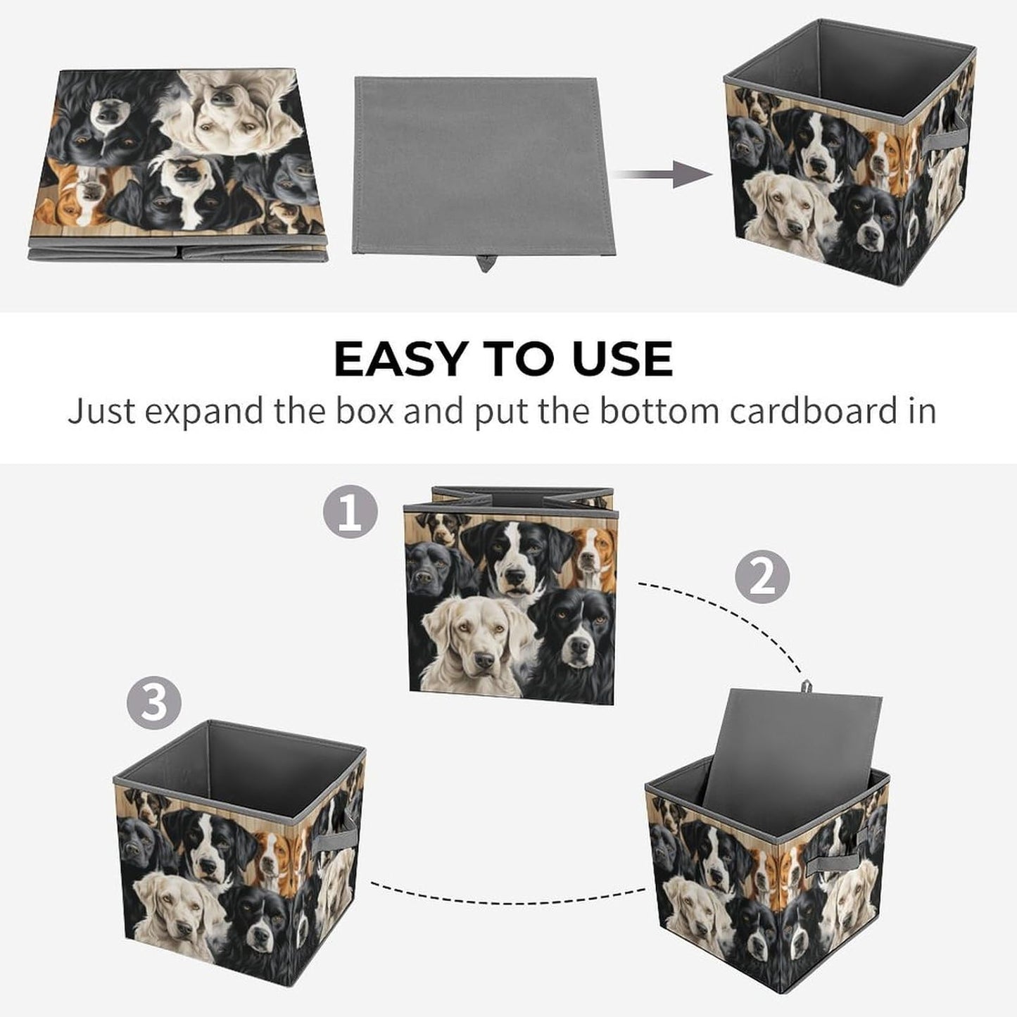 Black And White Dog Storage Bins with Handles Fashion Large Storage Cubes Sturdy Foldable Storage Boxes Space-Saving Storage Baskets for Home Office Clothes Closet Organizers