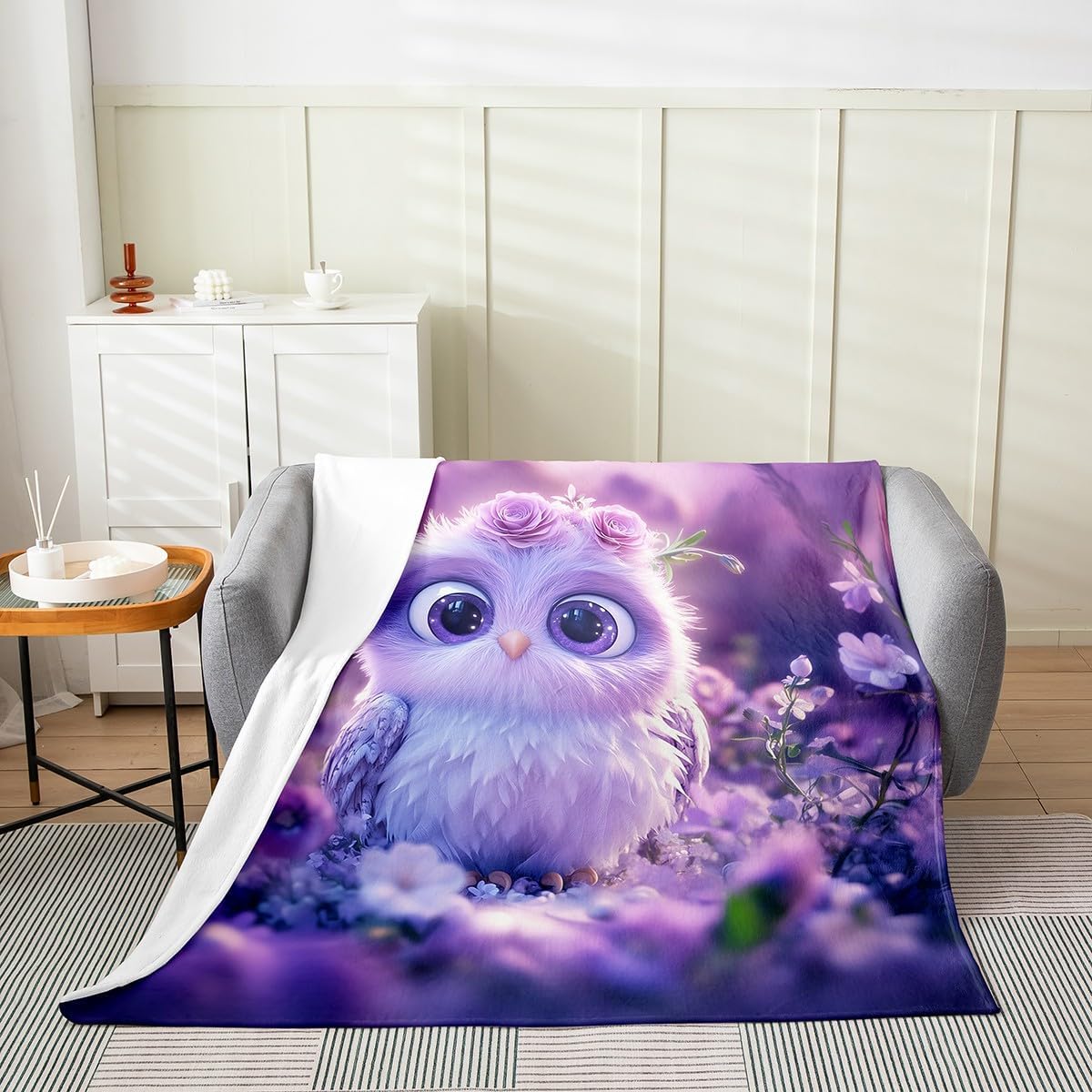 Erosebridal Cute Owl Blanket Throw 50x60, Safari Animals Florals Throw Blanket for Sofa Bed, Kawaii Wildlife Printed Kids Teens Soft Fleece Blanket, Pink Purple Flowers All Seasons Fuzzy Blanket