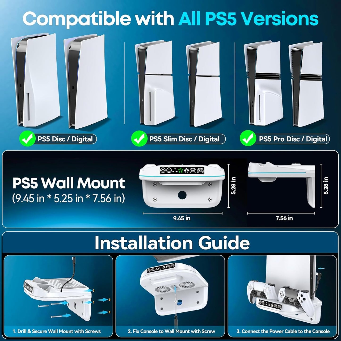P S5 Wall Mount Kit with Cooling Fan and Charging Station Compatible with PS5/ Slim/ Pro Disc and Digital, PS Five Floating Shelf with 9 RGB Lights, P S5 Mount Behind TV, PS5 Accessories for Gaming
