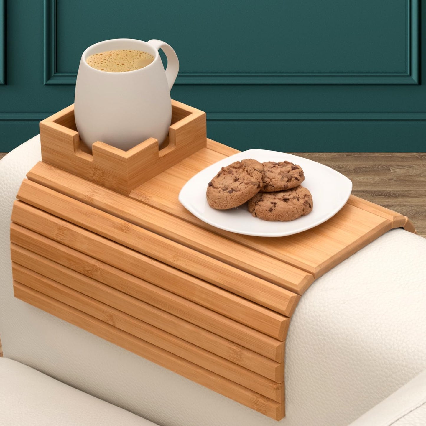 Bamboo Couch Cup Holder, Couch Arm Table & Couch Armrest Tray with Couch Cup Holder Tray Table for Couch, or Loveseat